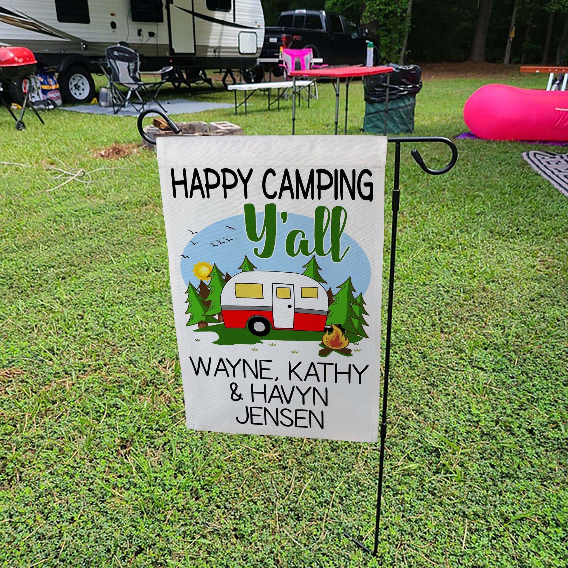 Happy Camping Y'all Personalized Campsite Flag with Retro Travel Trailer