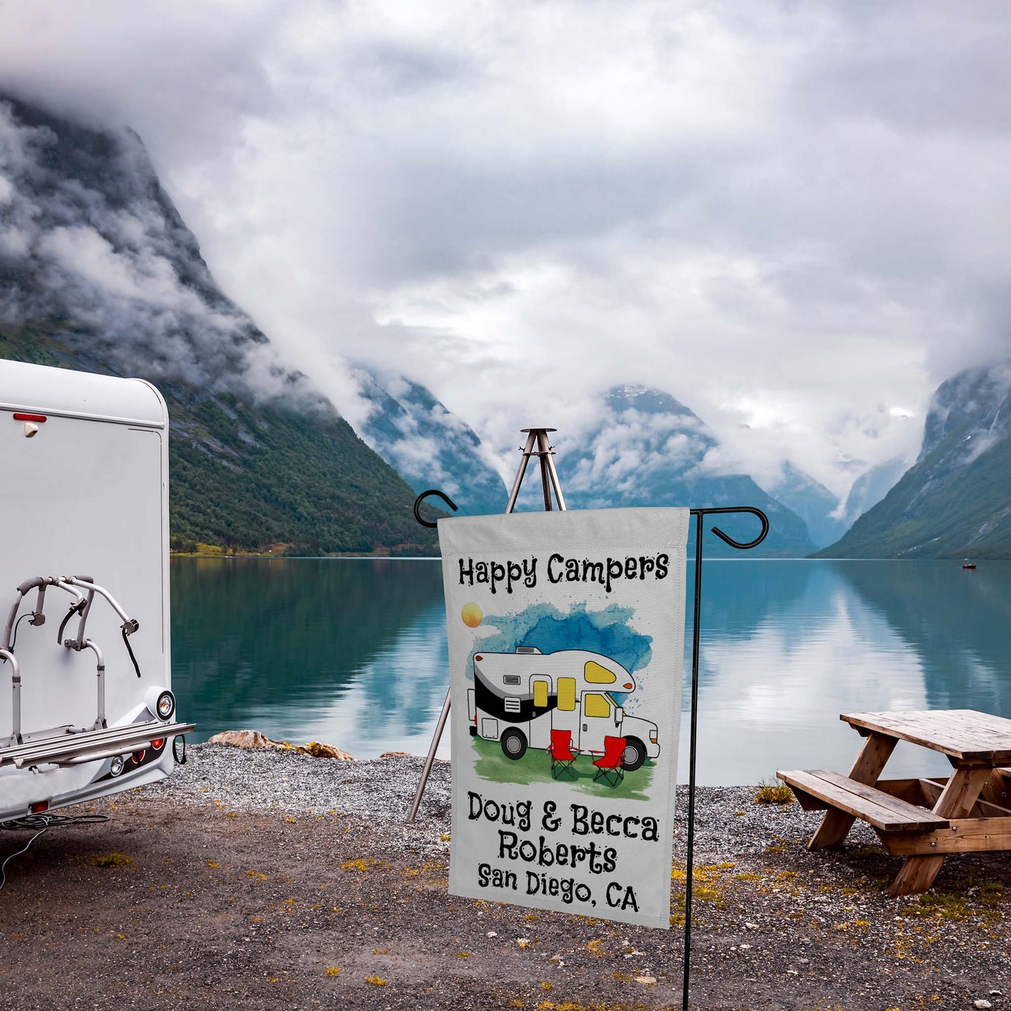 Happy Campers Personalized Water Color Camping Flag with Class C Motorhome