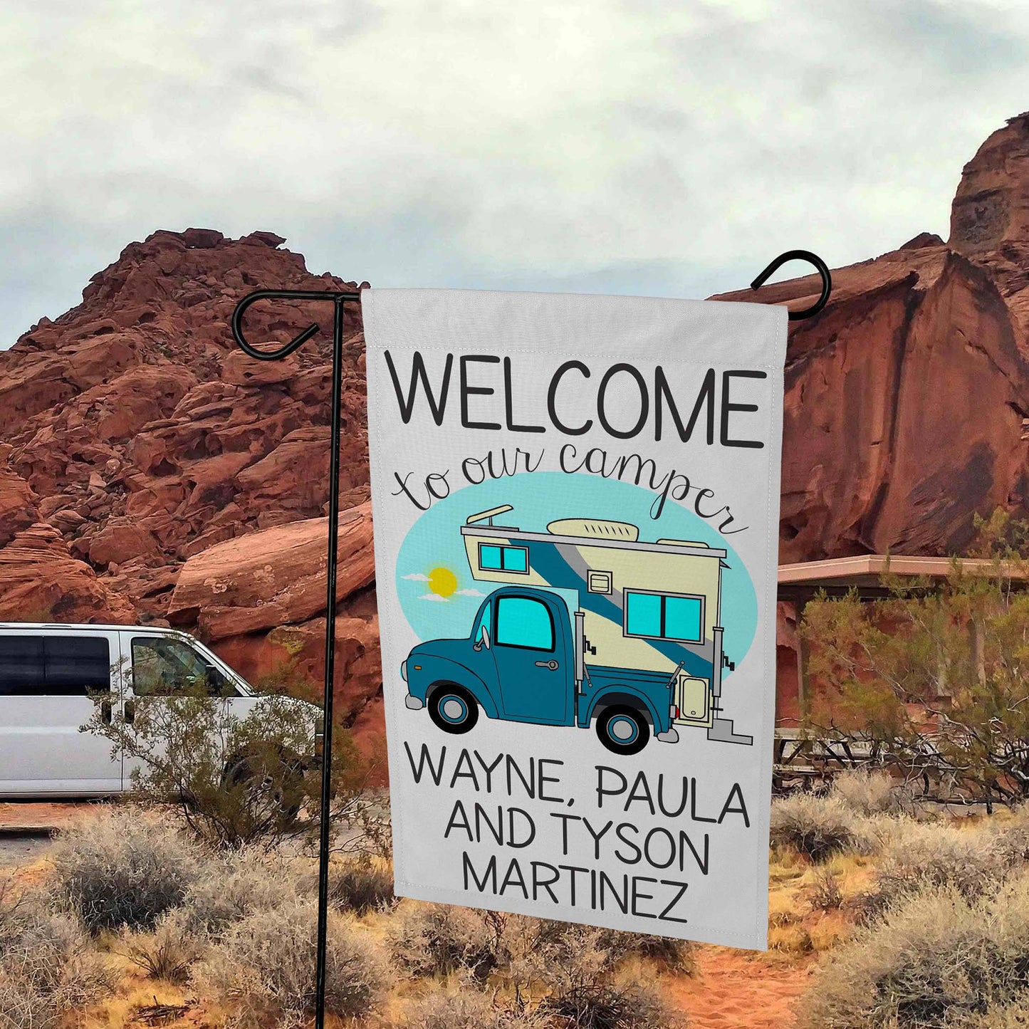 Welcome to Our Camper Personalized Camping Flag with Truck and Camper White Fabric