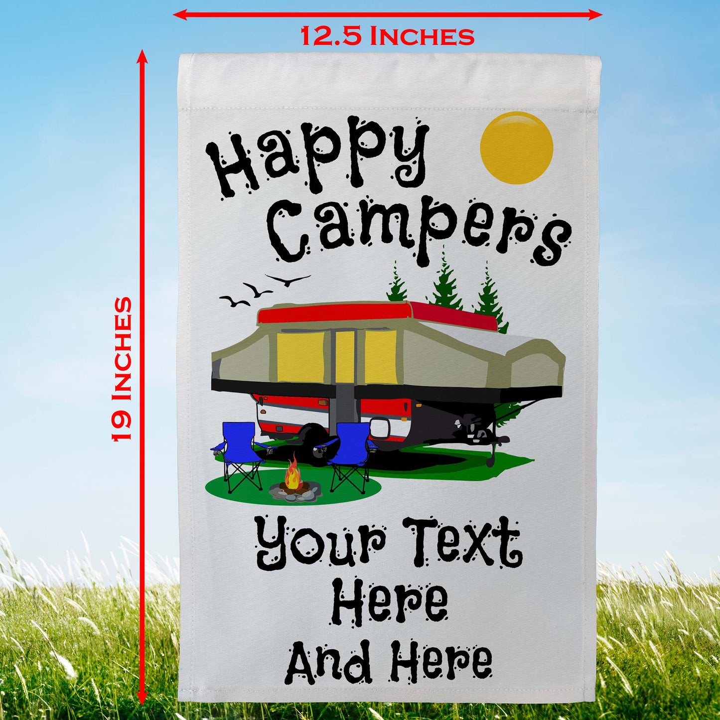 Happy Campers Personalized Camping Flag With Pop Up Camper on White Fabric