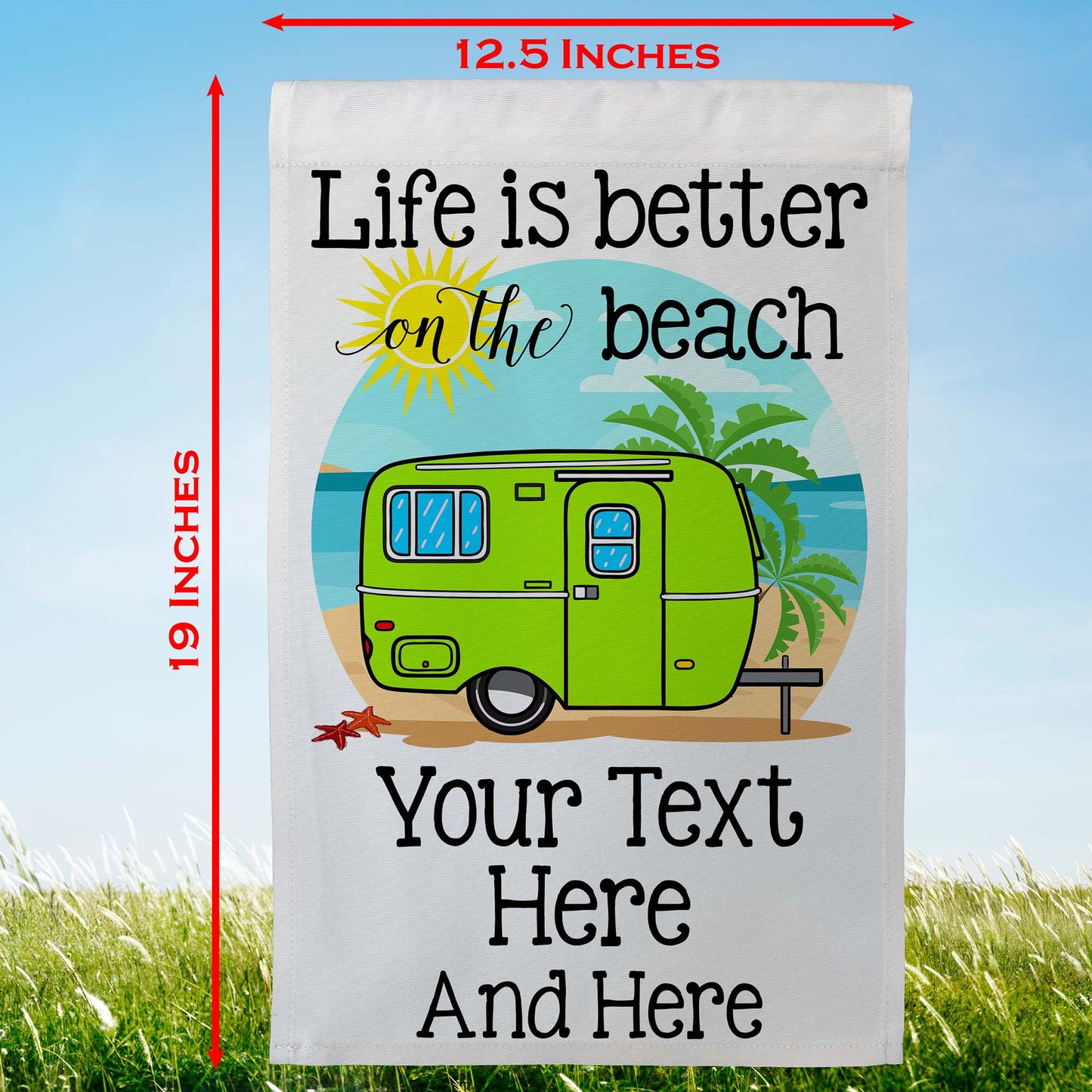 Life is Better on The Beach Personalized Camping Flag with Vintage Travel Trailer