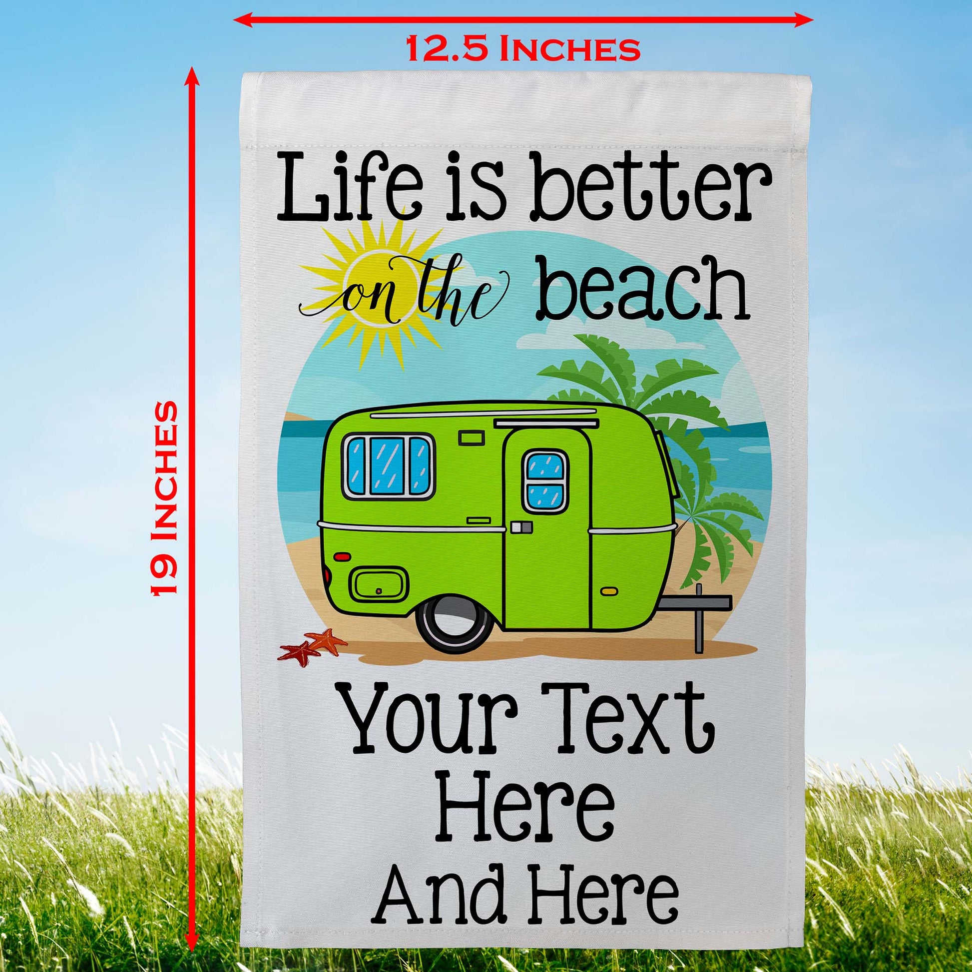 Life is Better on The Beach Personalized Camping Flag with Vintage Travel Trailer