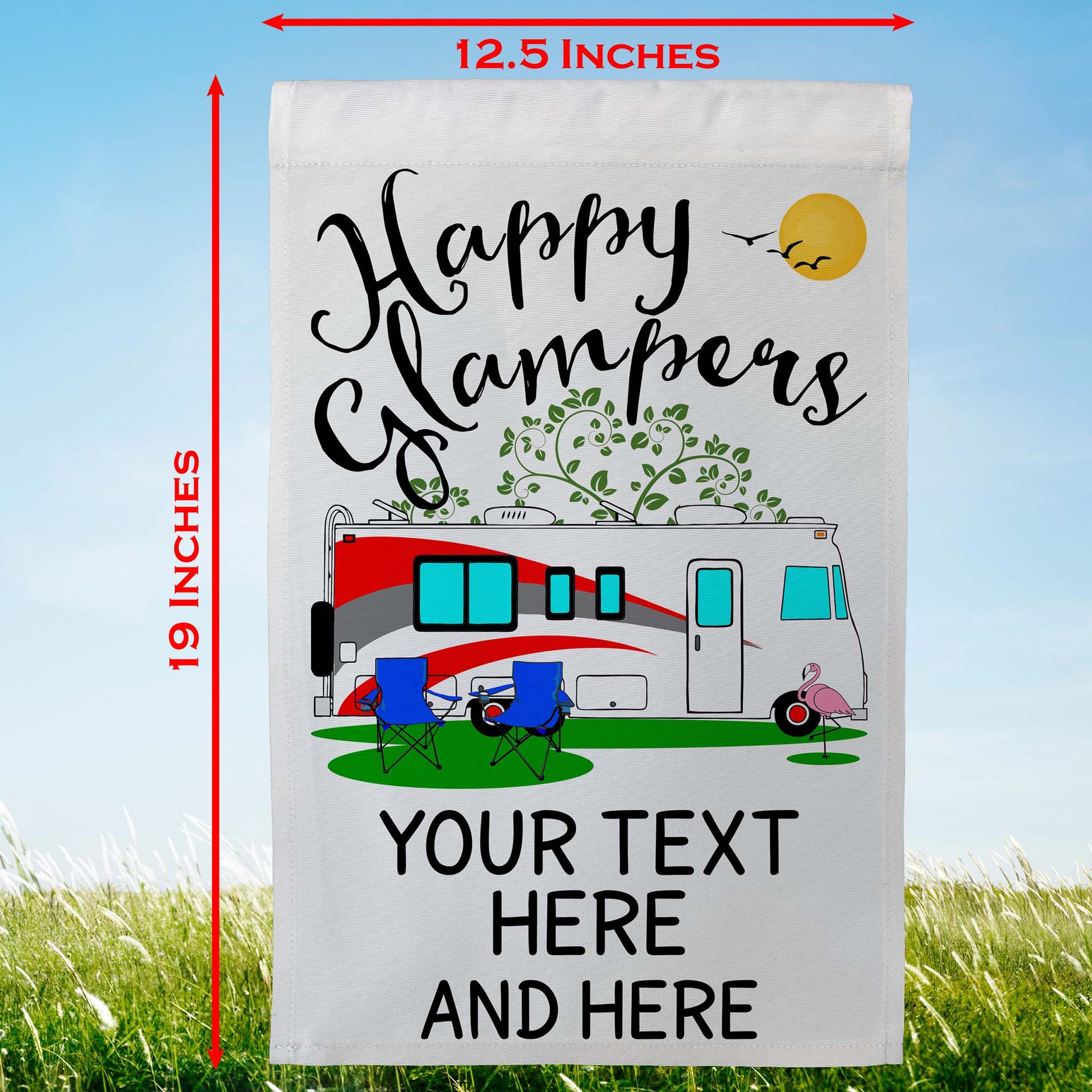 Happy Glampers Personalized Camping Flag with Class A Motorhome