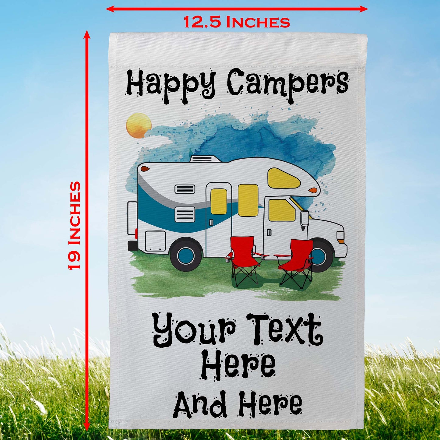 Happy Campers Personalized Water Color Camping Flag with Class C Motorhome