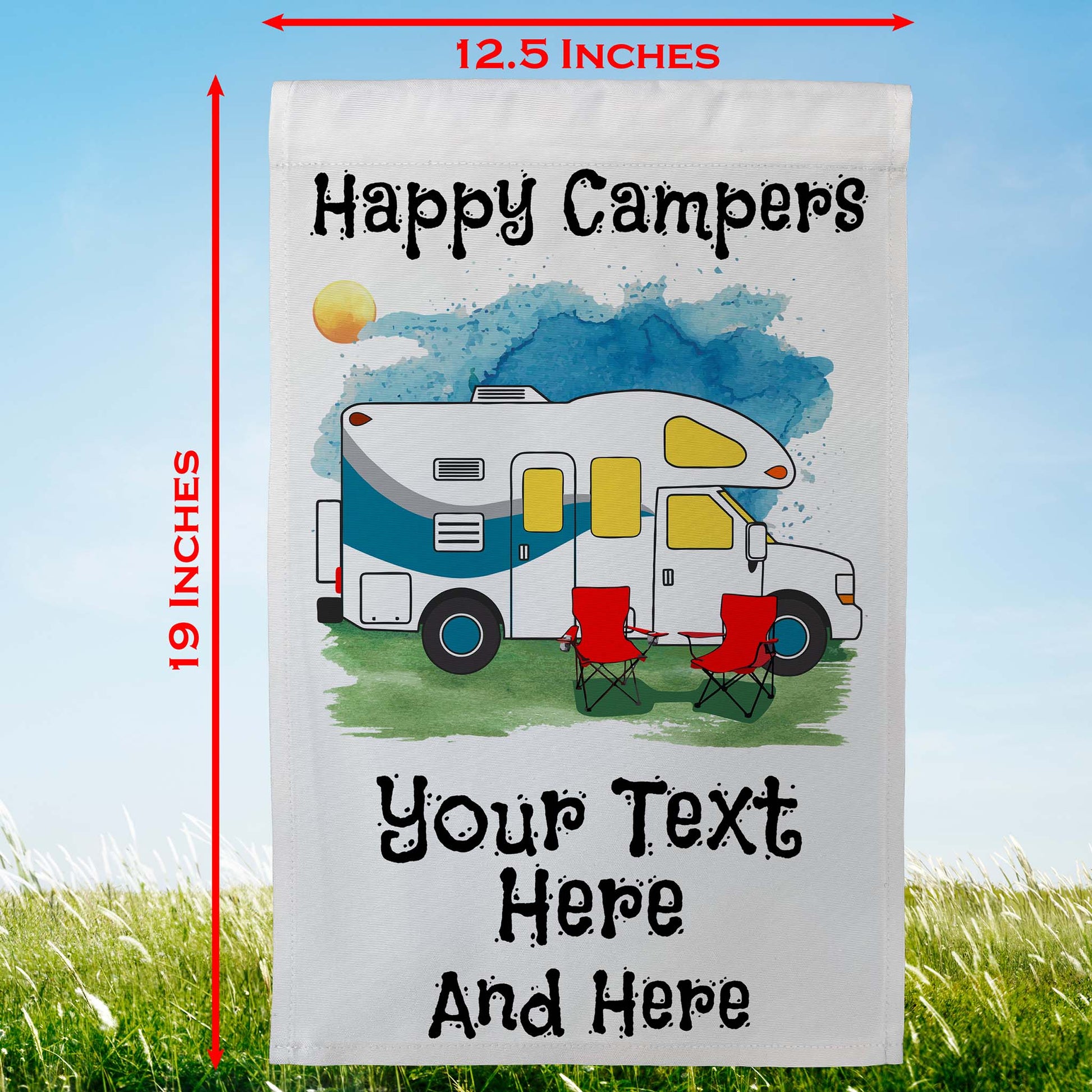 Happy Campers Personalized Water Color Camping Flag with Class C Motorhome