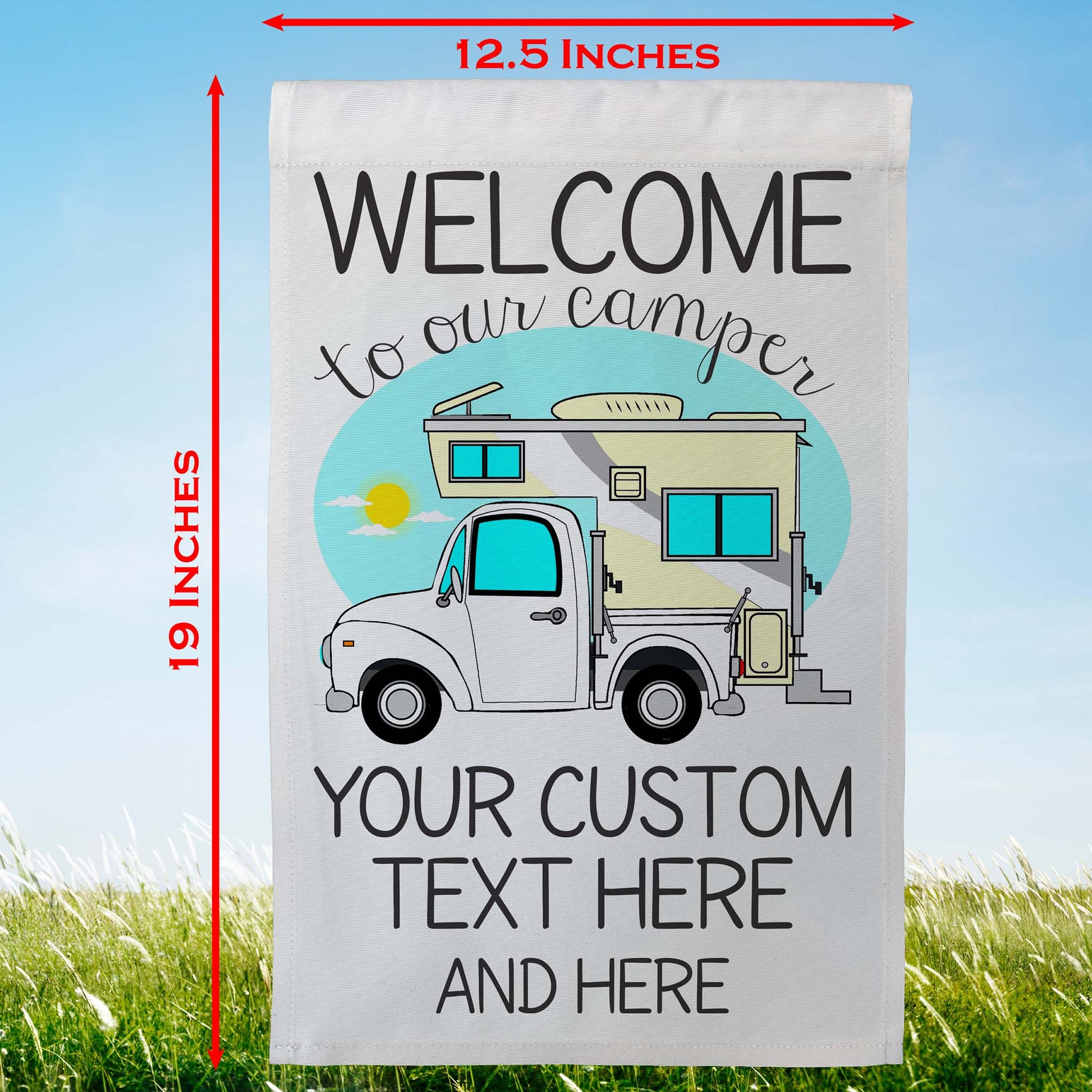Welcome to Our Camper Personalized Camping Flag with Truck and Camper White Fabric