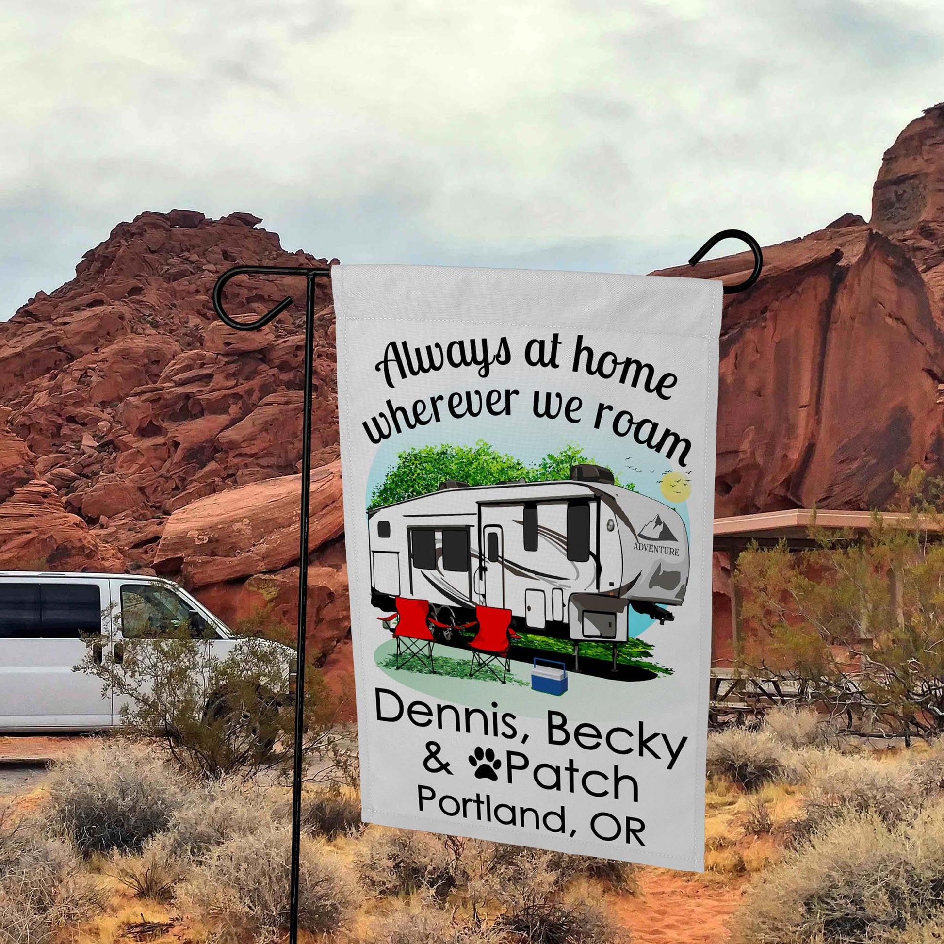 Always at Home Wherever We Roam Personalized Camping Flag with 5th Wheel Trailer on White Fabric