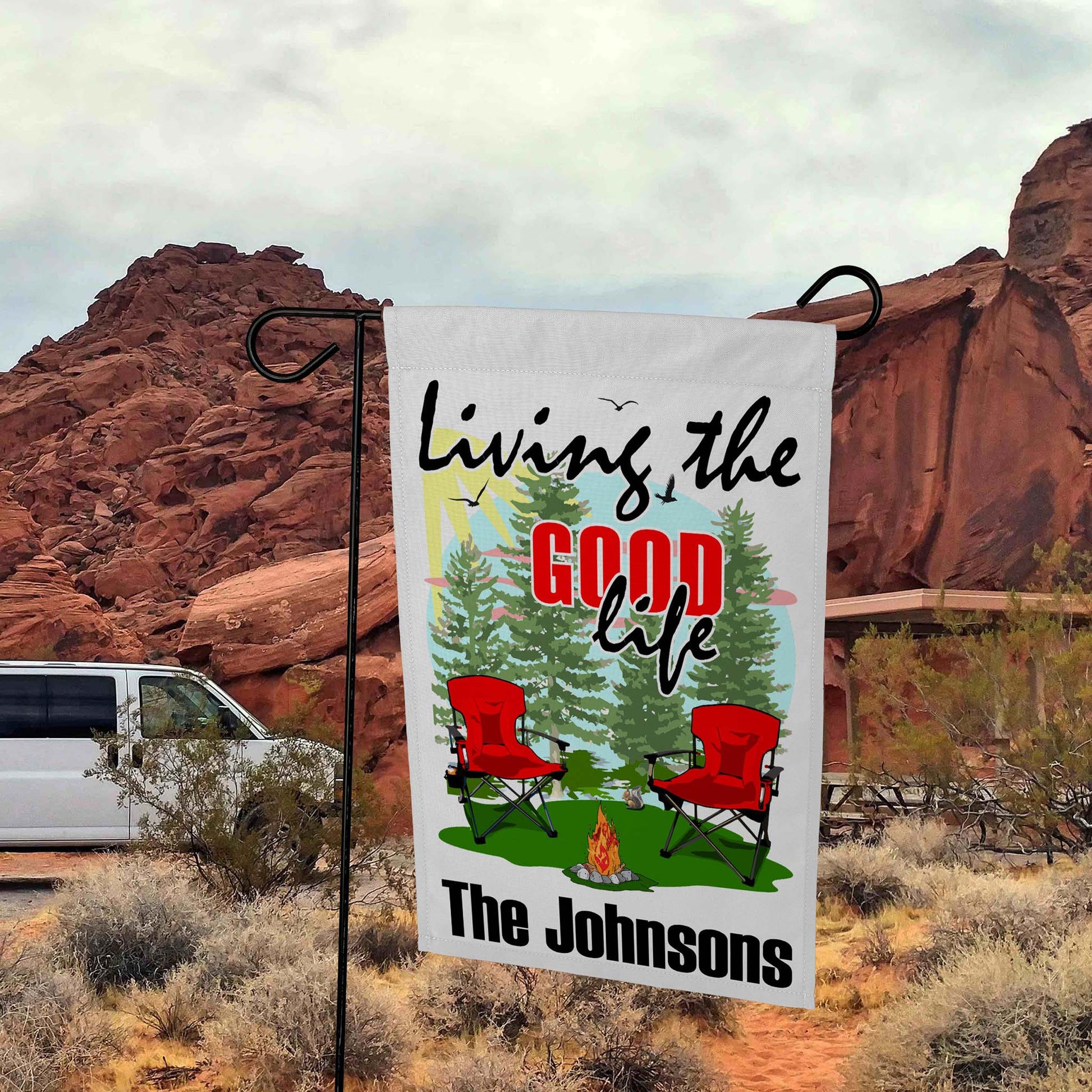 Living The Good Life Personalized Camping Flag with Campsite