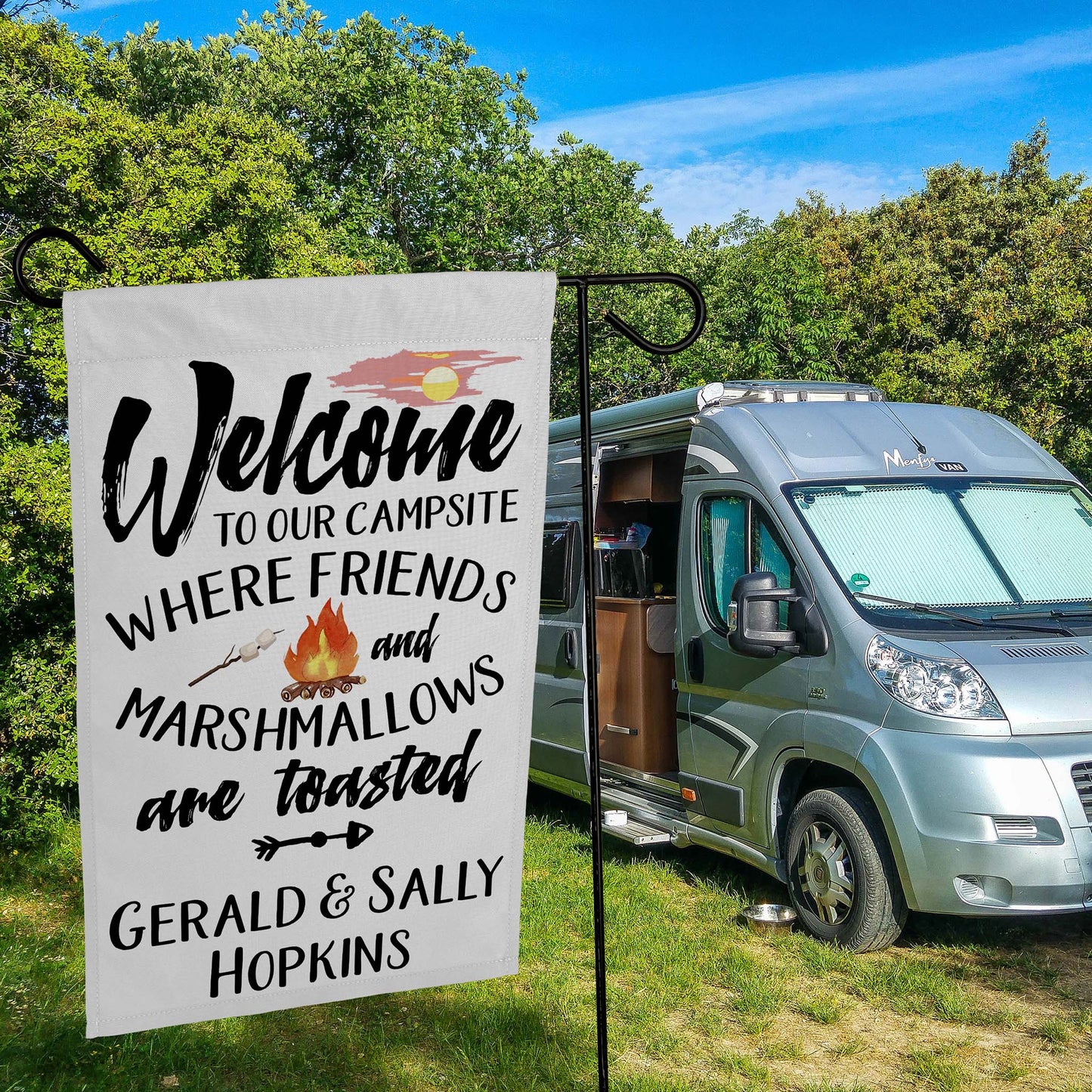 Welcome to Our Campsite where Friends and Marshmallows Get Toasted Personalized Camping Flag
