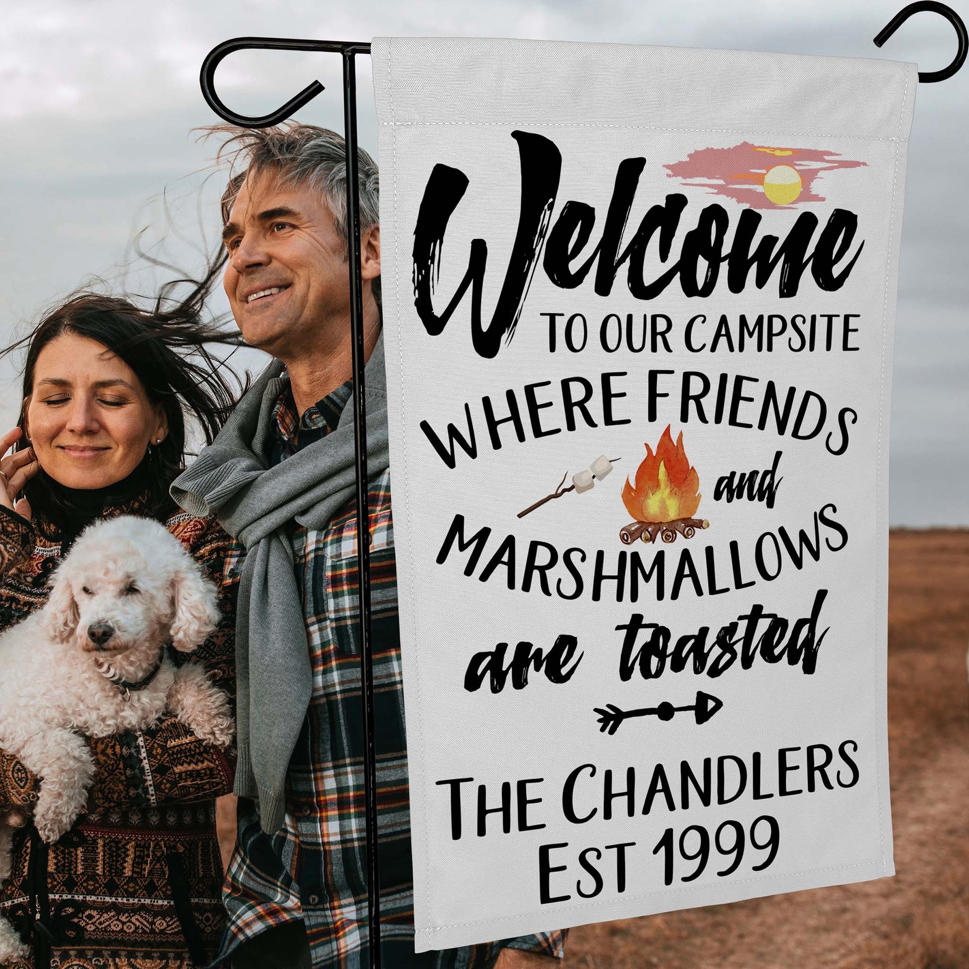 Welcome to Our Campsite where Friends and Marshmallows Get Toasted Personalized Camping Flag
