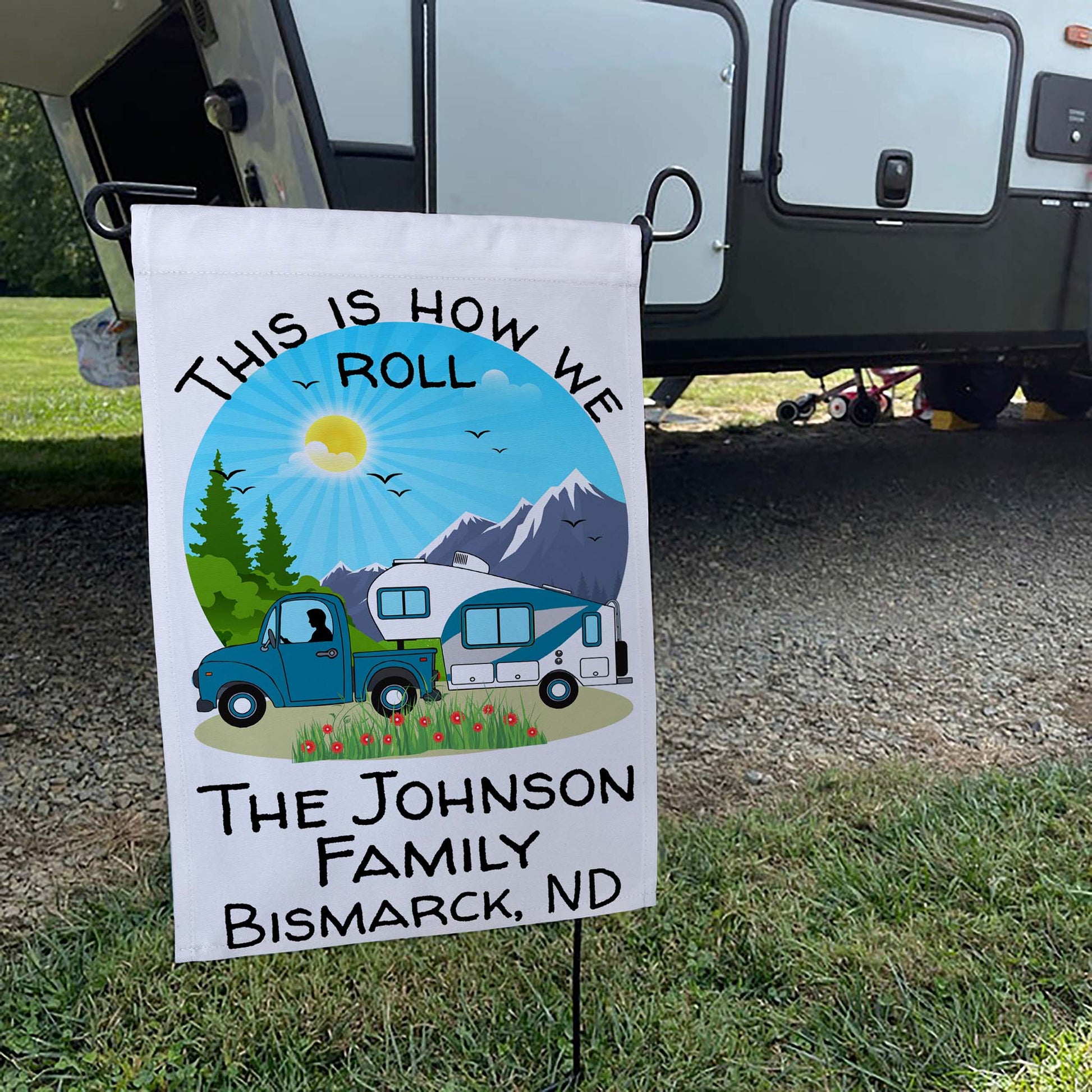 This is How We Roll Personalized Truck and 5th Wheel Camping Flag on White Fabric