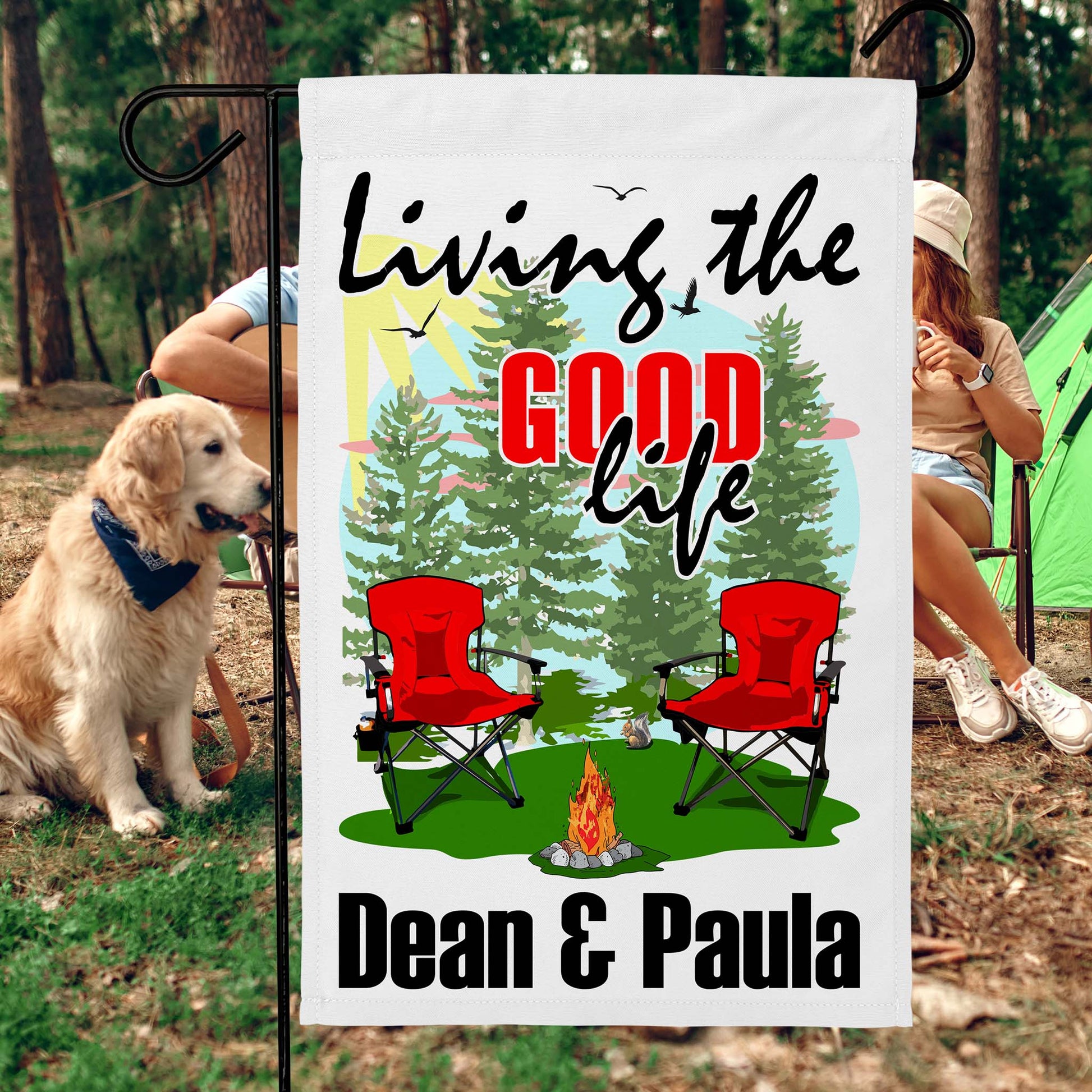 Living The Good Life Personalized Camping Flag with Campsite