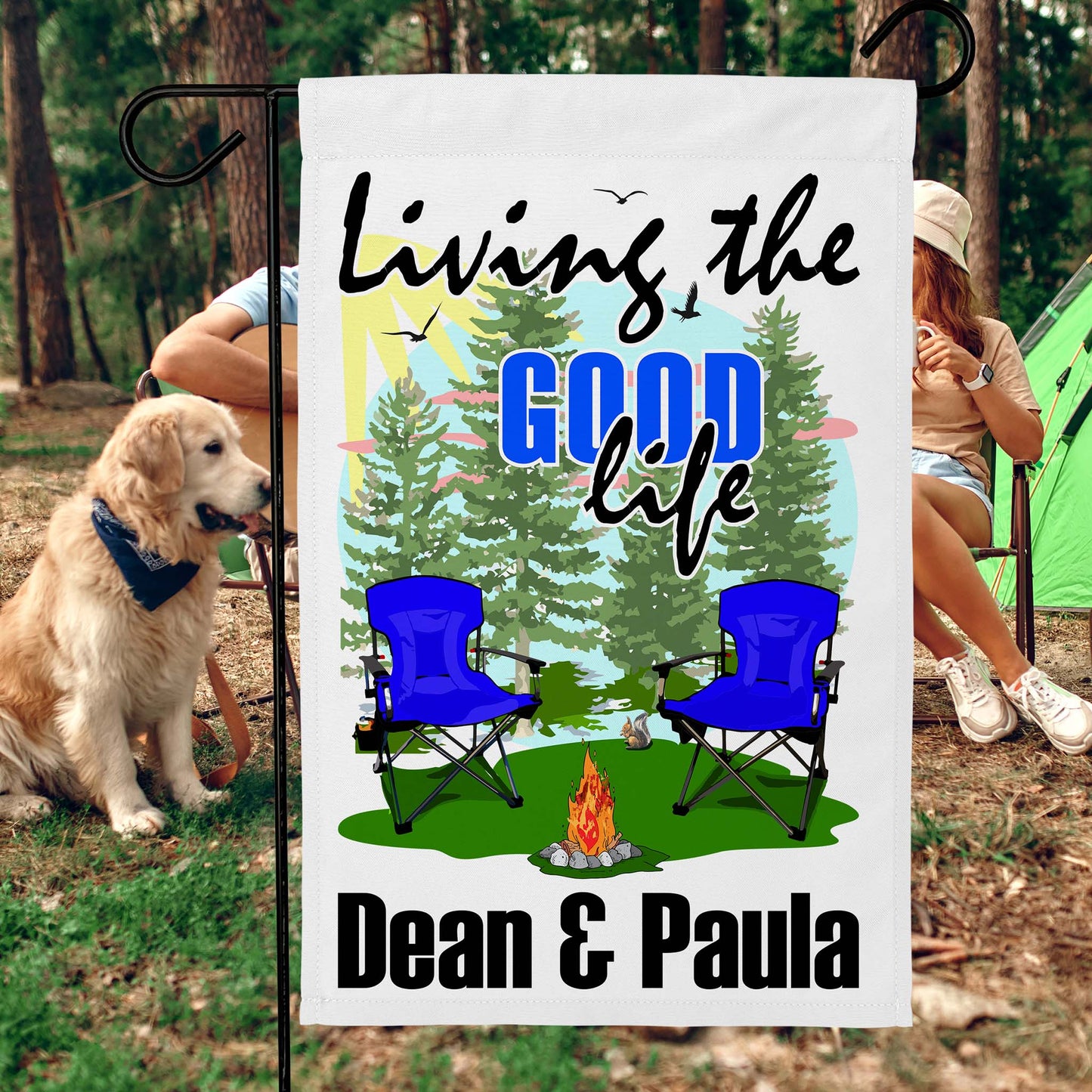 Living The Good Life Personalized Camping Flag with Campsite