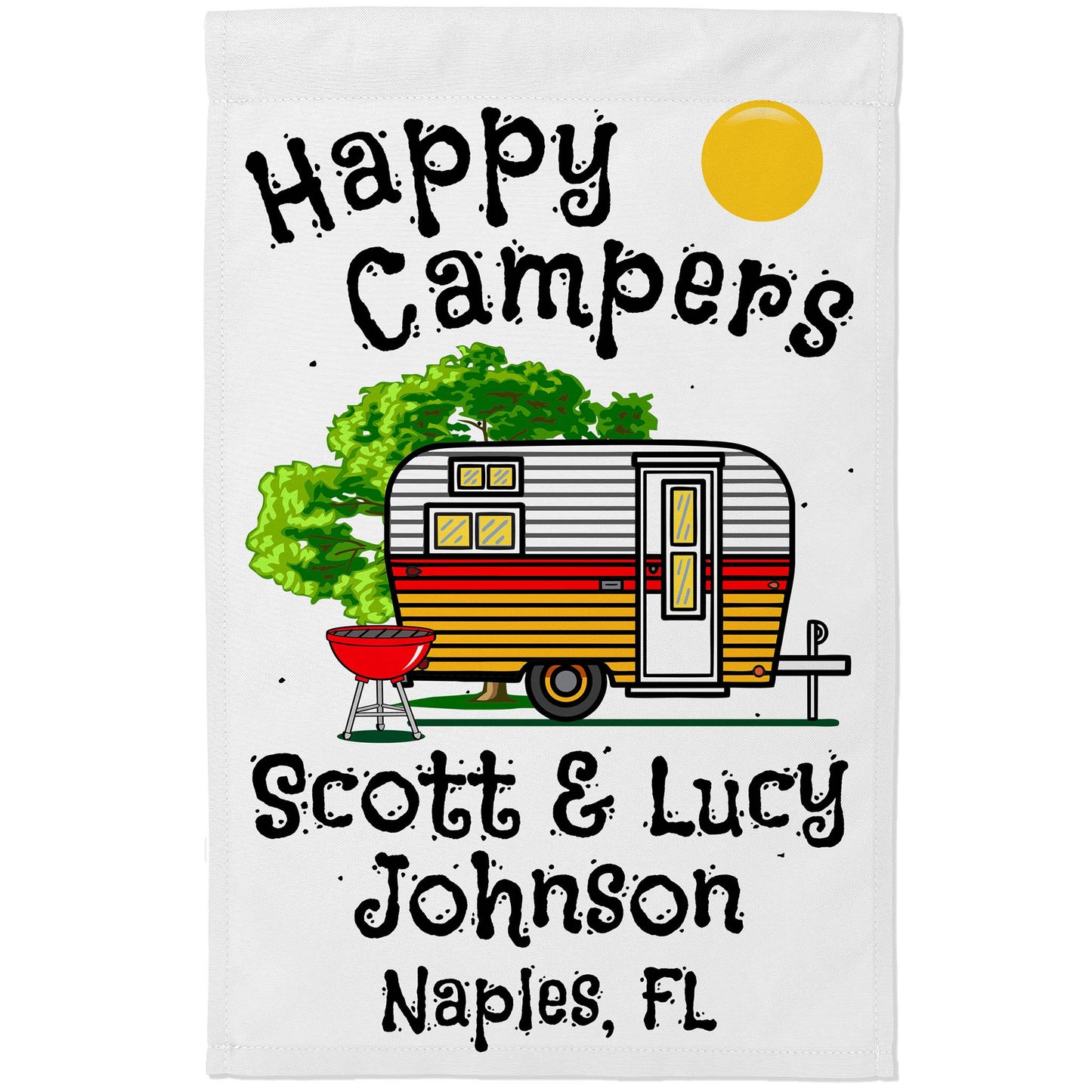 Happy Campers Personalized Camping Flag with Vintage Travel Trailer