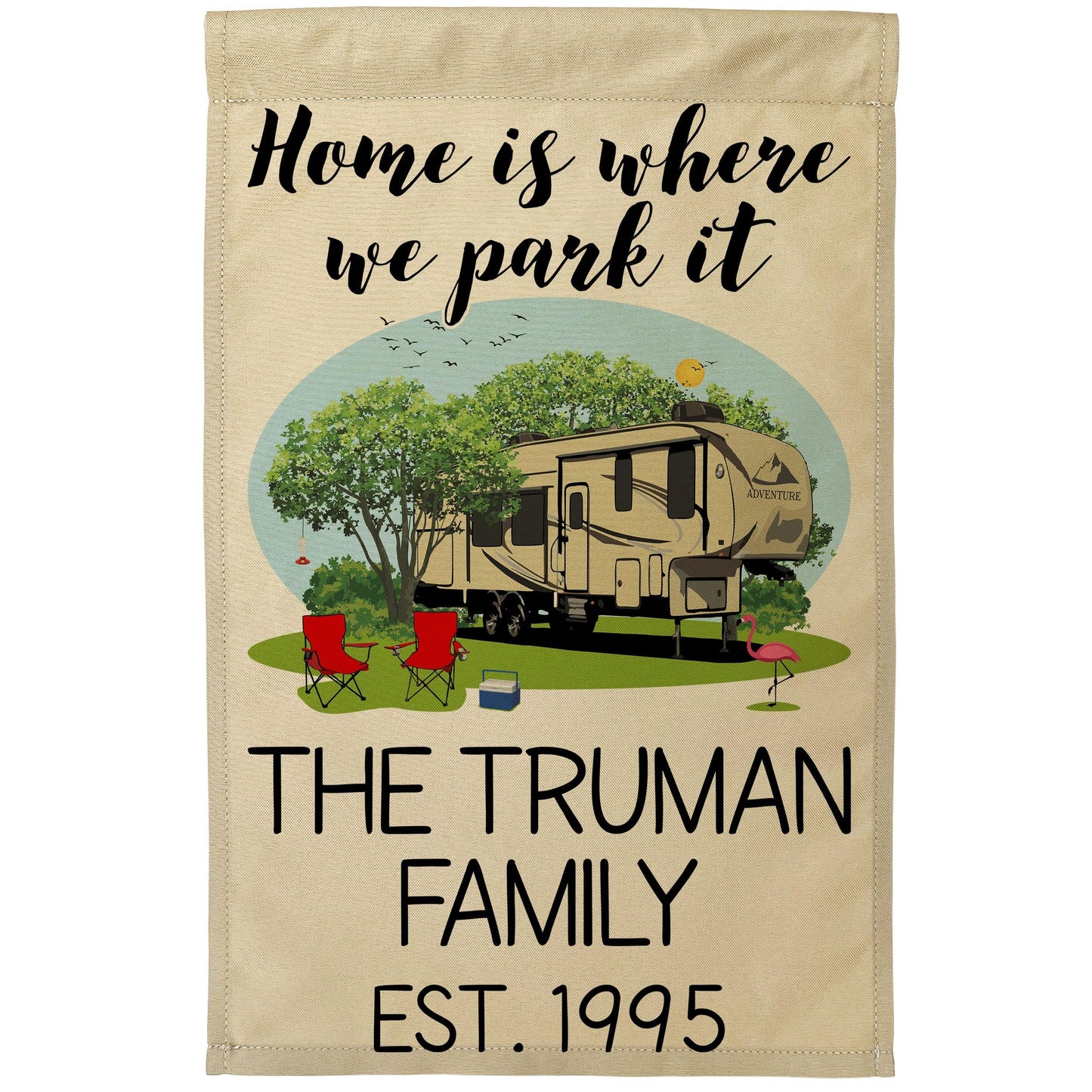 Home is Where We Park It Personalized Camping Flag with 5th Wheel Trailer