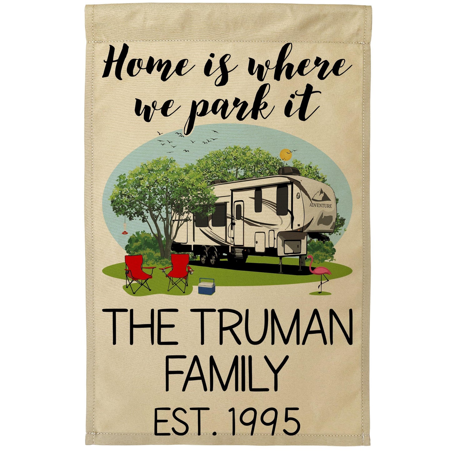 Home is Where We Park It Personalized Camping Flag with 5th Wheel Trailer