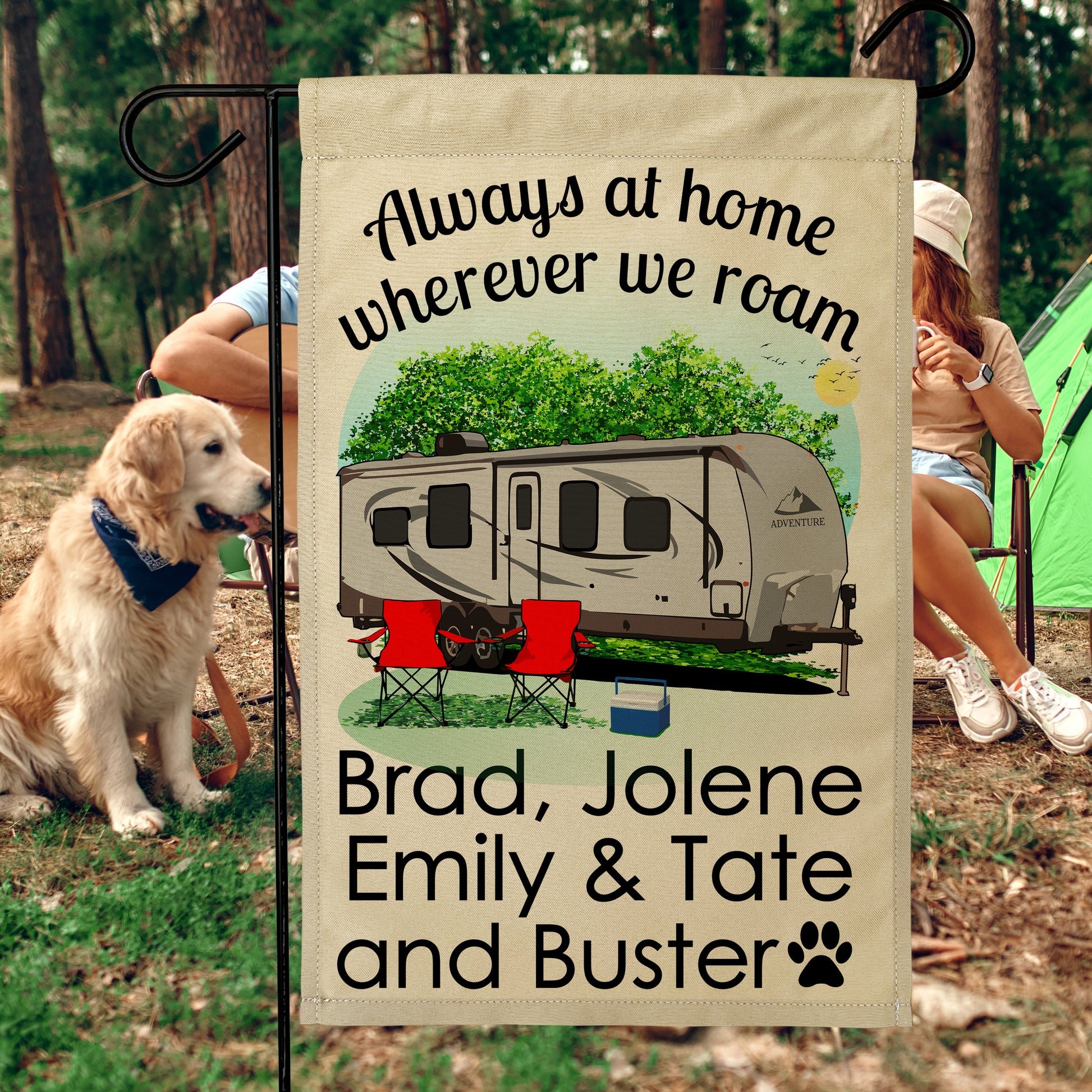 Always at Home Wherever We Roam Personalized Camping Flag With Travel Trailer on Tan Fabric