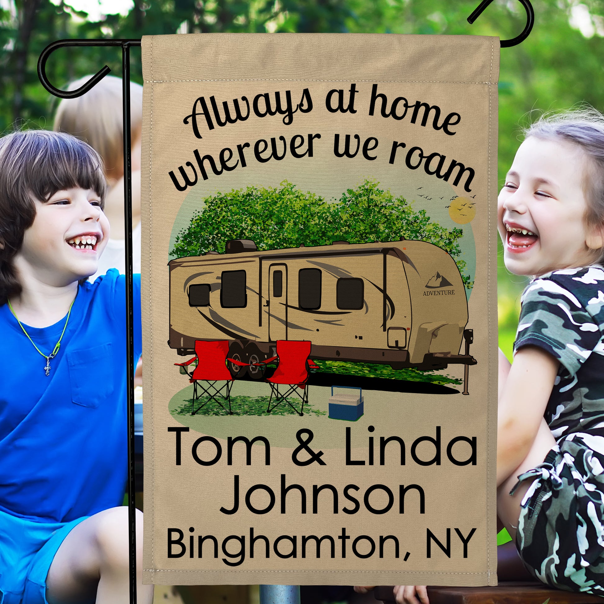 Always at Home Wherever We Roam Personalized Camping Flag With Travel Trailer on Tan Fabric