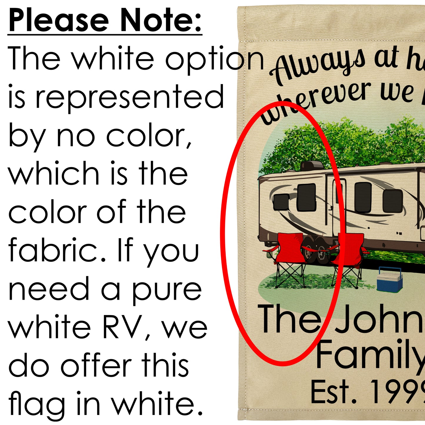 Always at Home Wherever We Roam Personalized Camping Flag With Travel Trailer on Tan Fabric