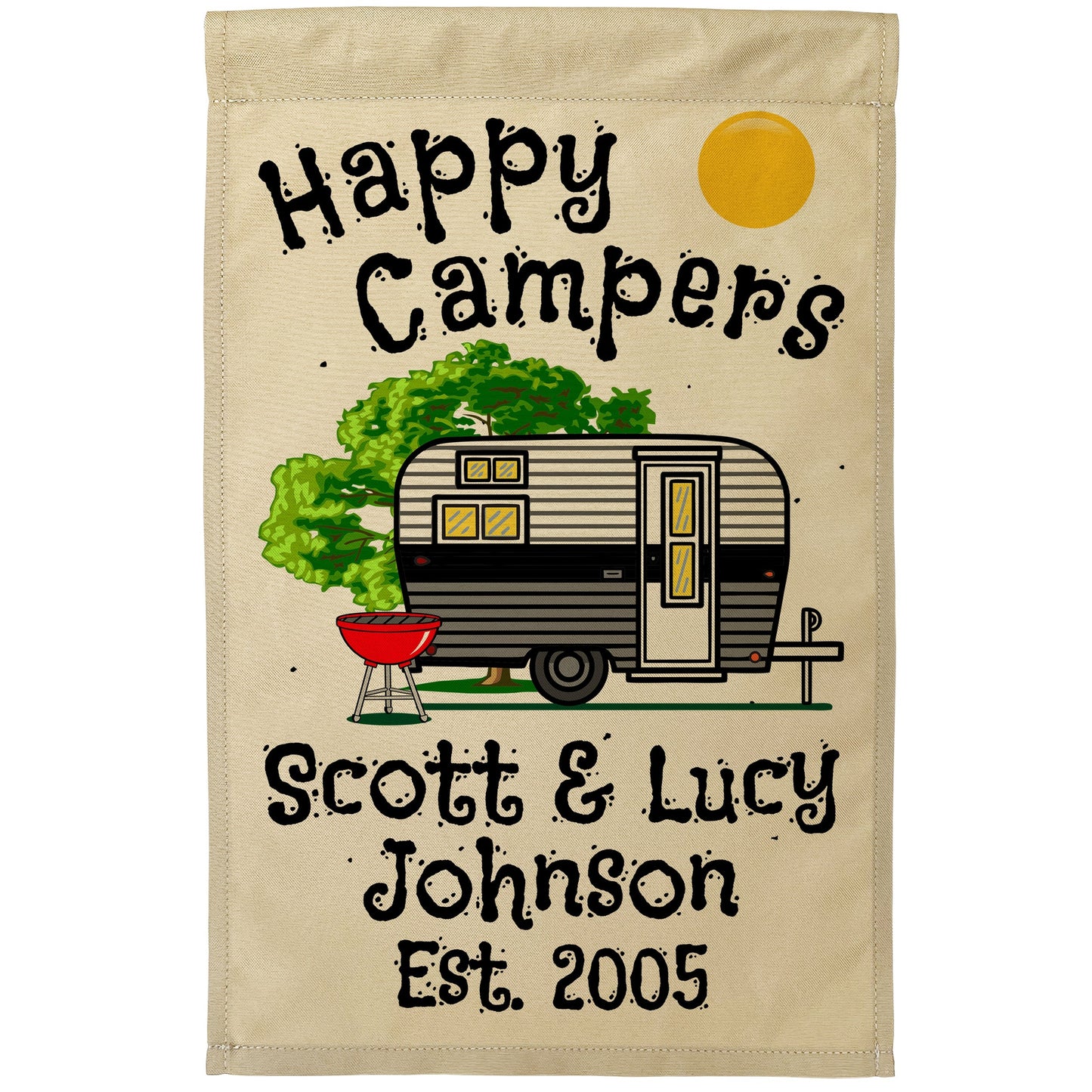 Happy Campers Personalized Camping Flag with Vintage Travel Trailer