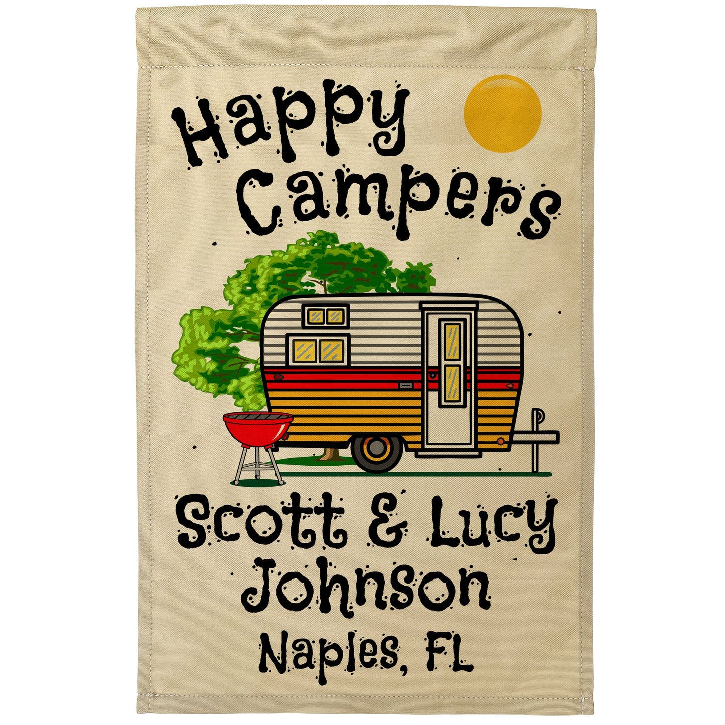 Happy Campers Personalized Camping Flag with Vintage Travel Trailer