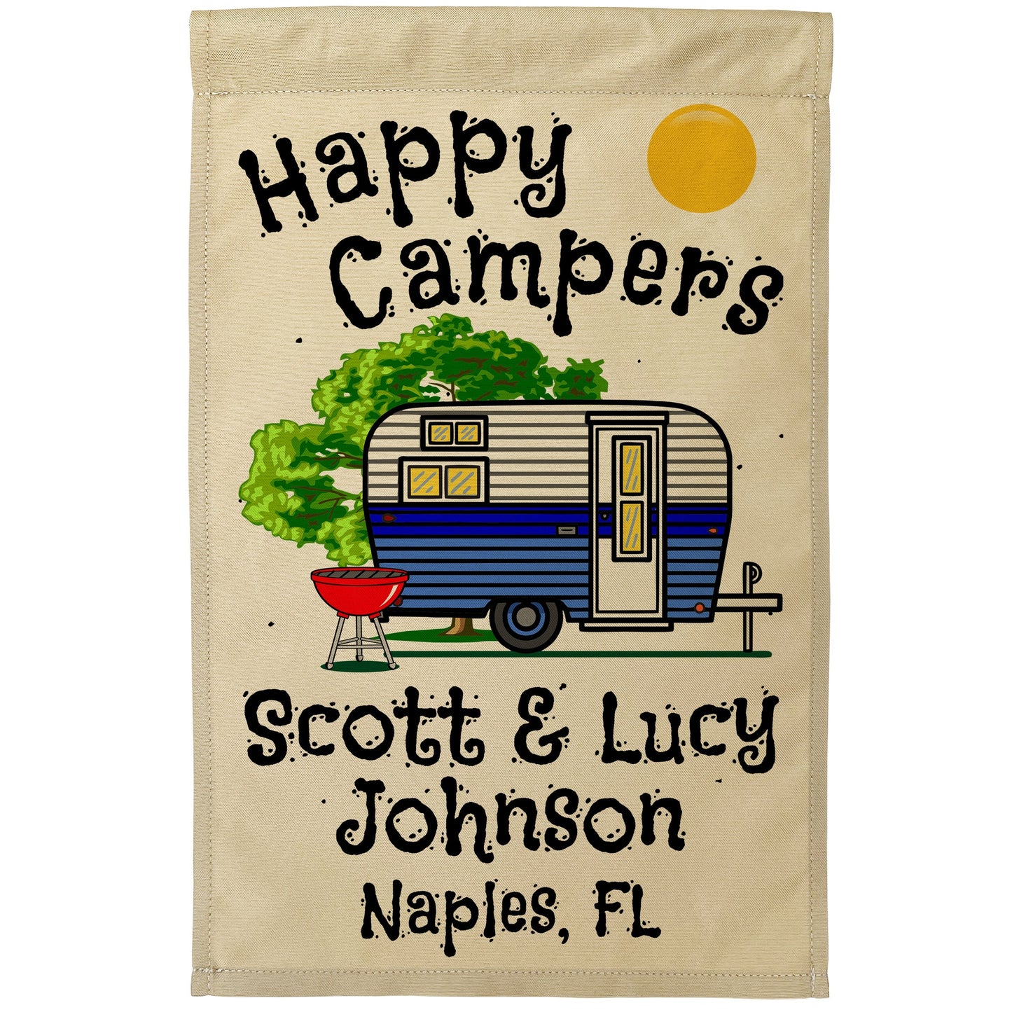 Happy Campers Personalized Camping Flag with Vintage Travel Trailer