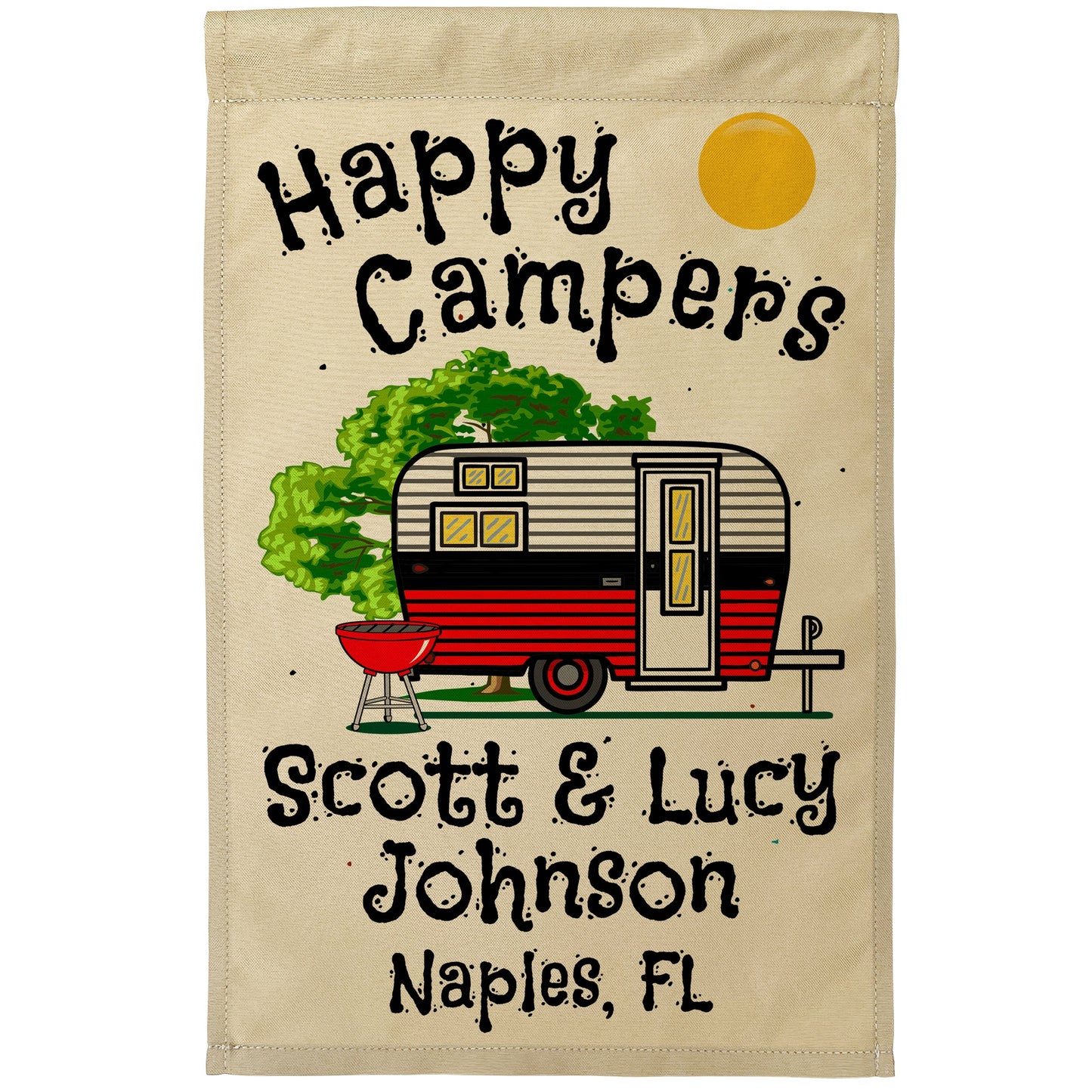 Happy Campers Personalized Camping Flag with Vintage Travel Trailer