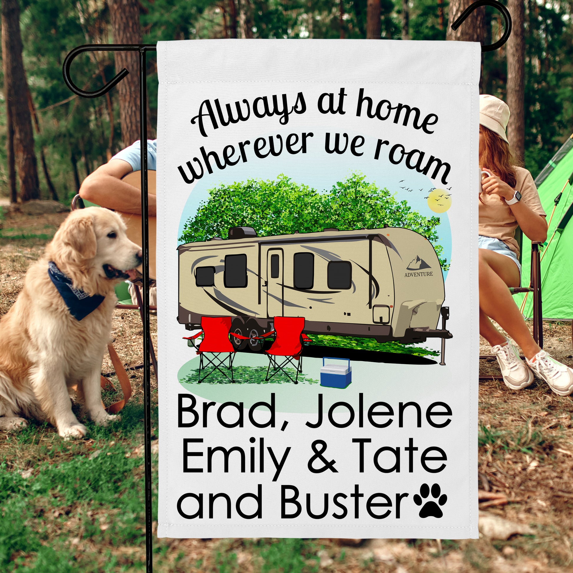 Always at Home Wherever We Roam Personalized Camping Flag With Travel Trailer on White Fabric