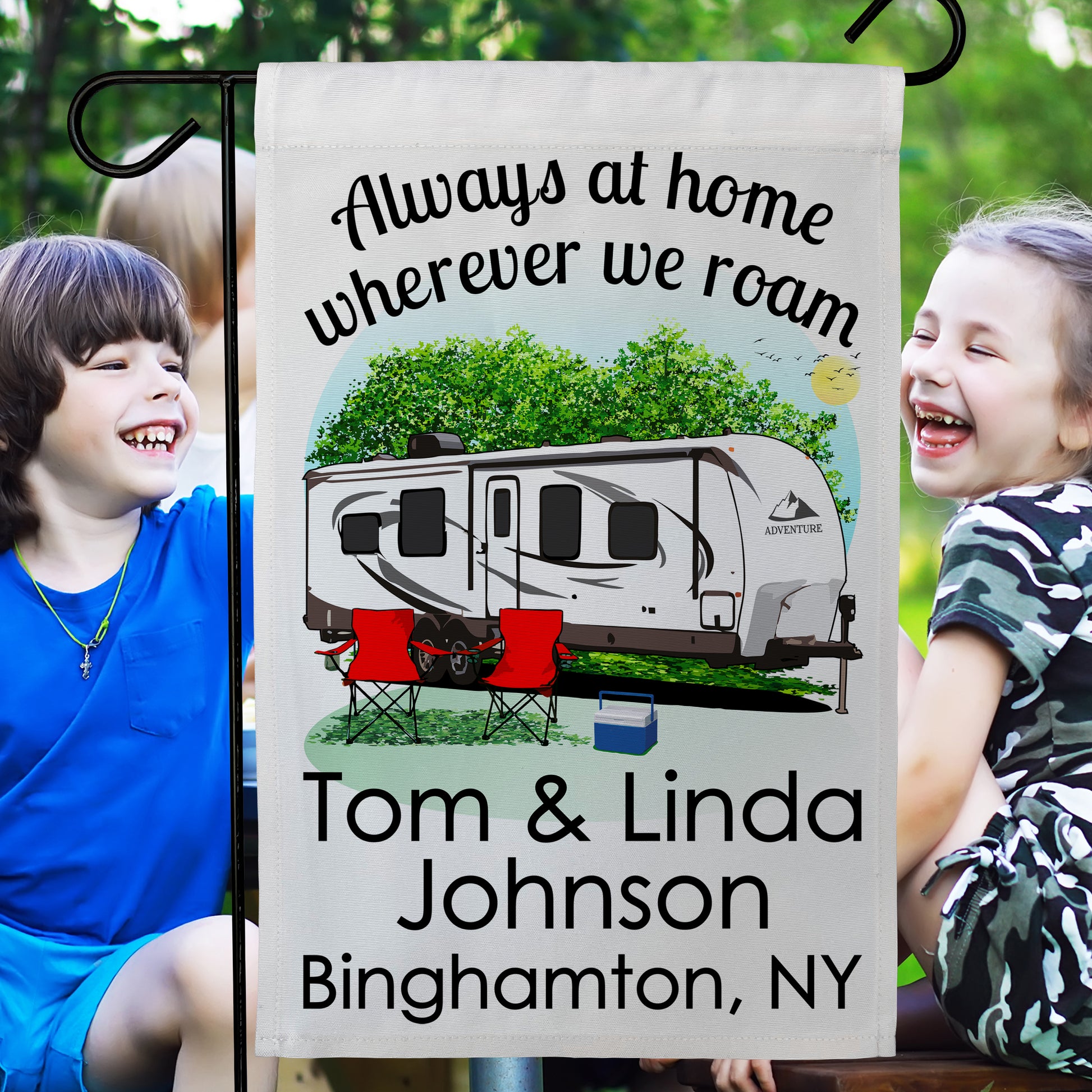 Always at Home Wherever We Roam Personalized Camping Flag With Travel Trailer on White Fabric