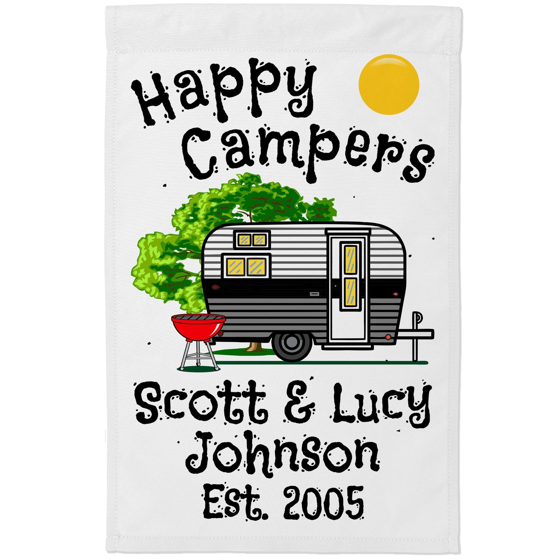 Happy Campers Personalized Camping Flag with Vintage Travel Trailer