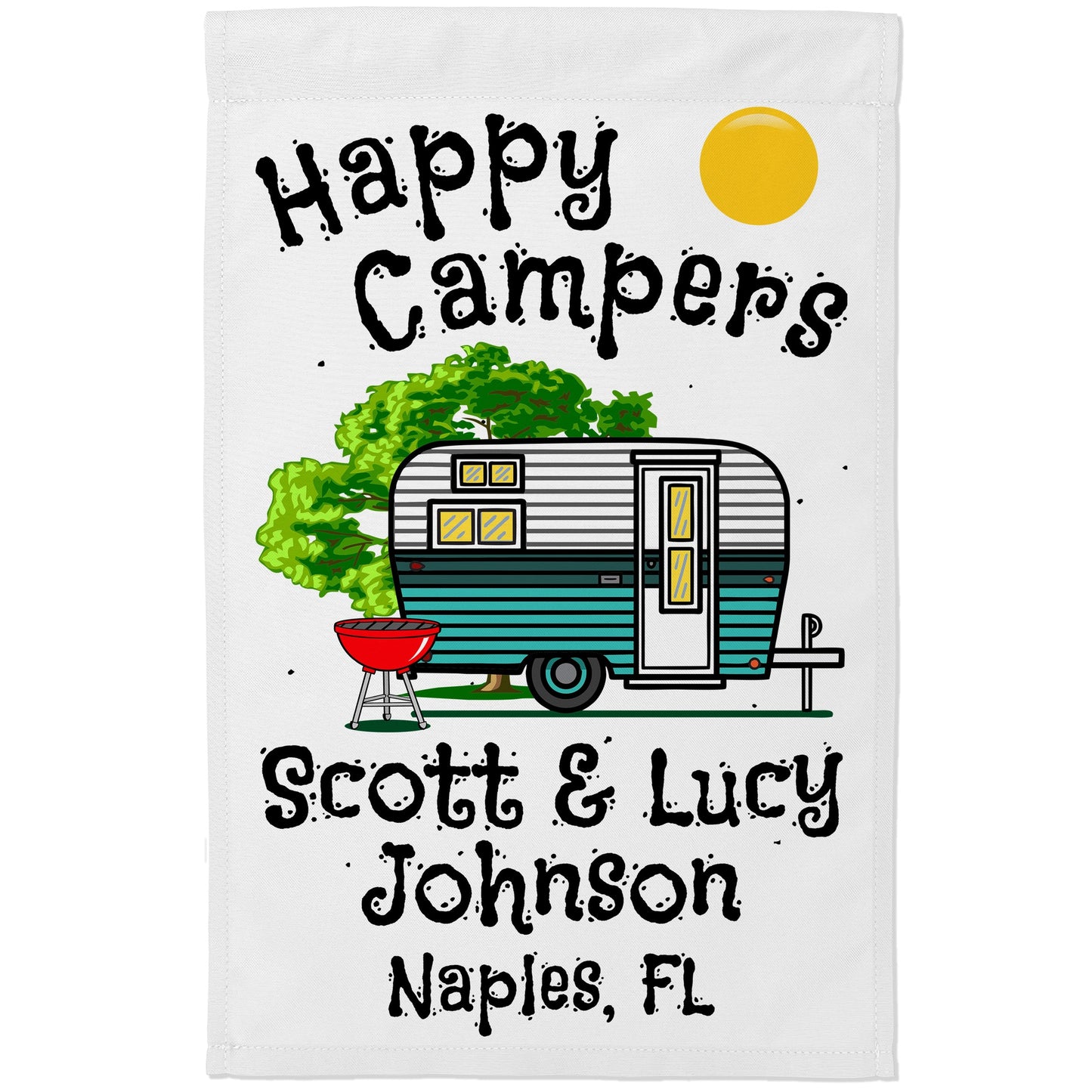 Happy Campers Personalized Camping Flag with Vintage Travel Trailer