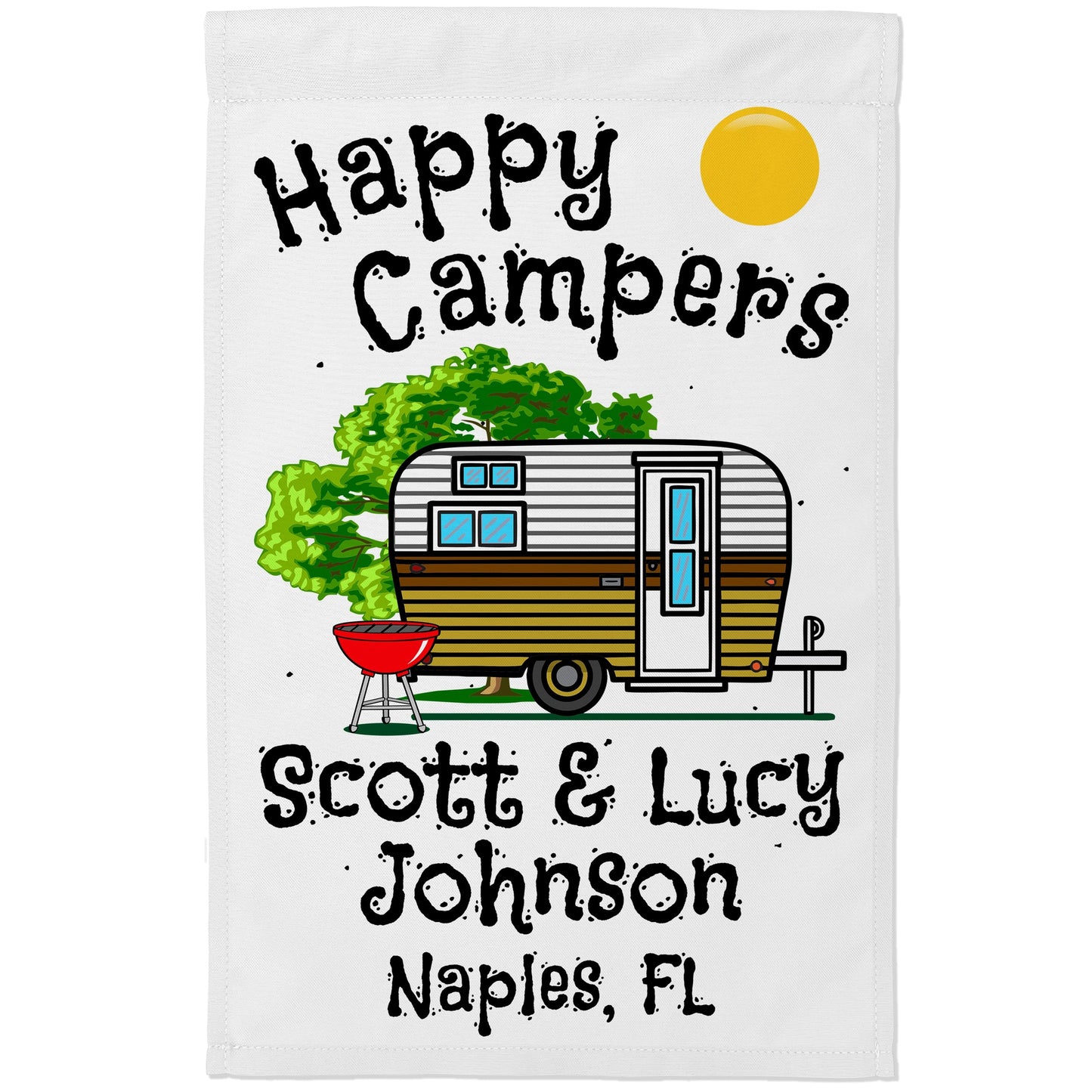 Happy Campers Personalized Camping Flag with Vintage Travel Trailer