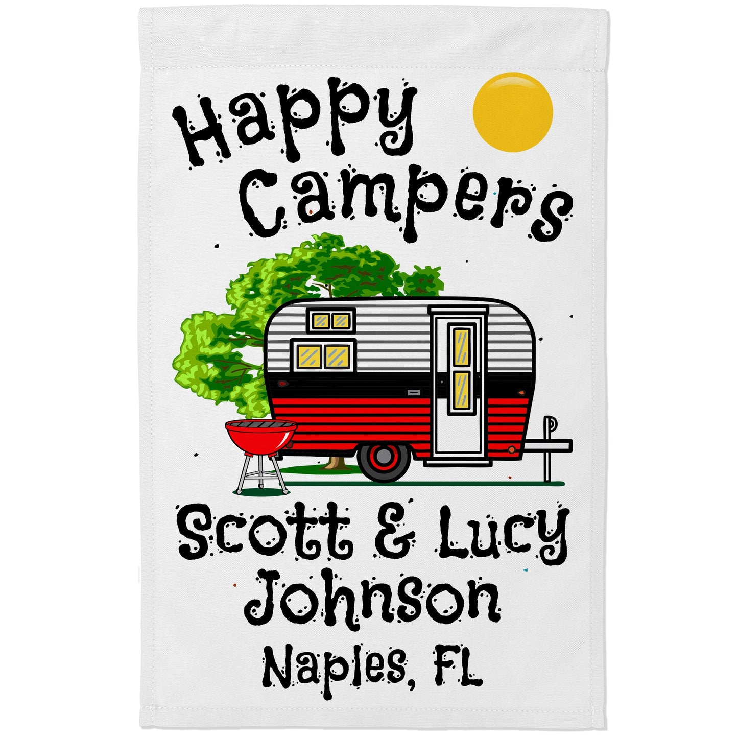 Happy Campers Personalized Camping Flag with Vintage Travel Trailer