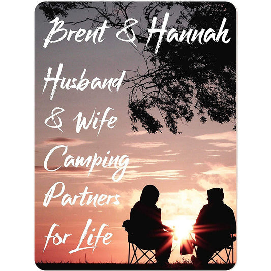 Husband & Wife Camping Partners for Life Personalized Aluminum Camping Sign with Couple Enjoying Sunset