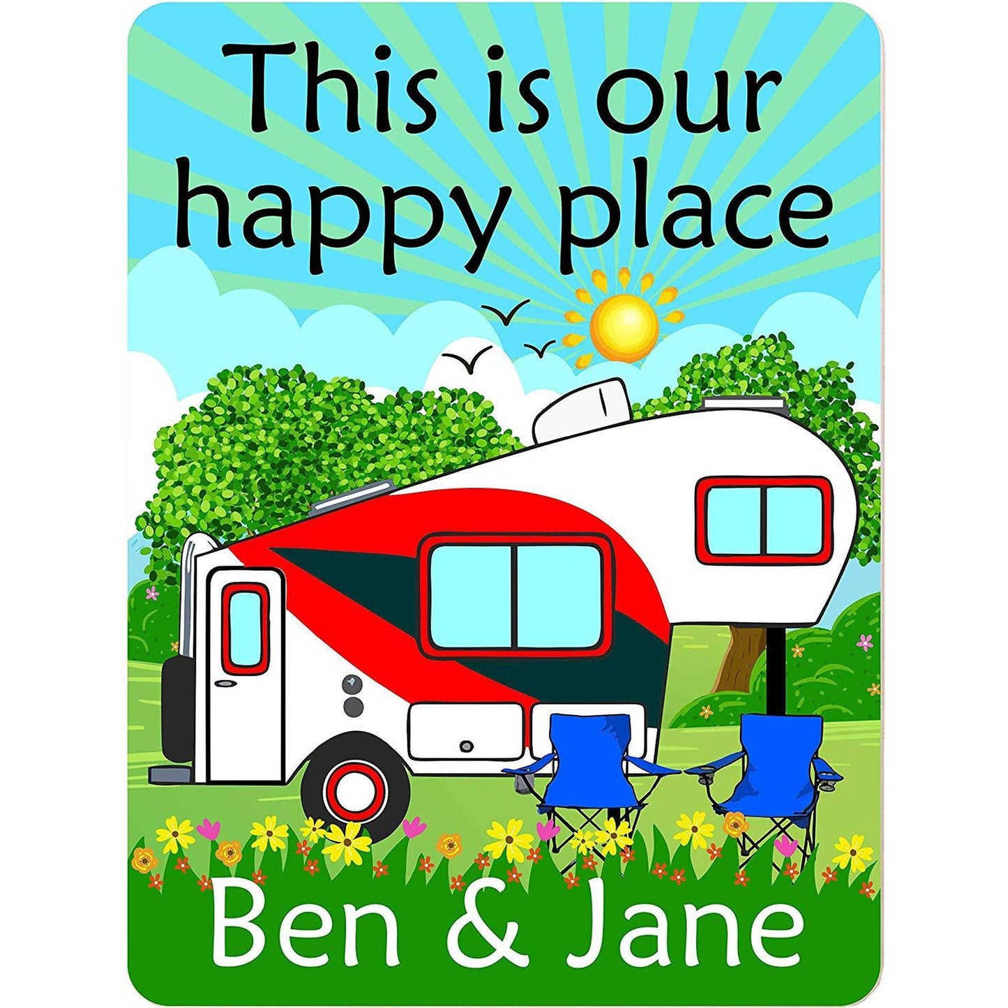 This is Our Happy Place Personalized Aluminum Camping Sign With 5th Wheel Camper