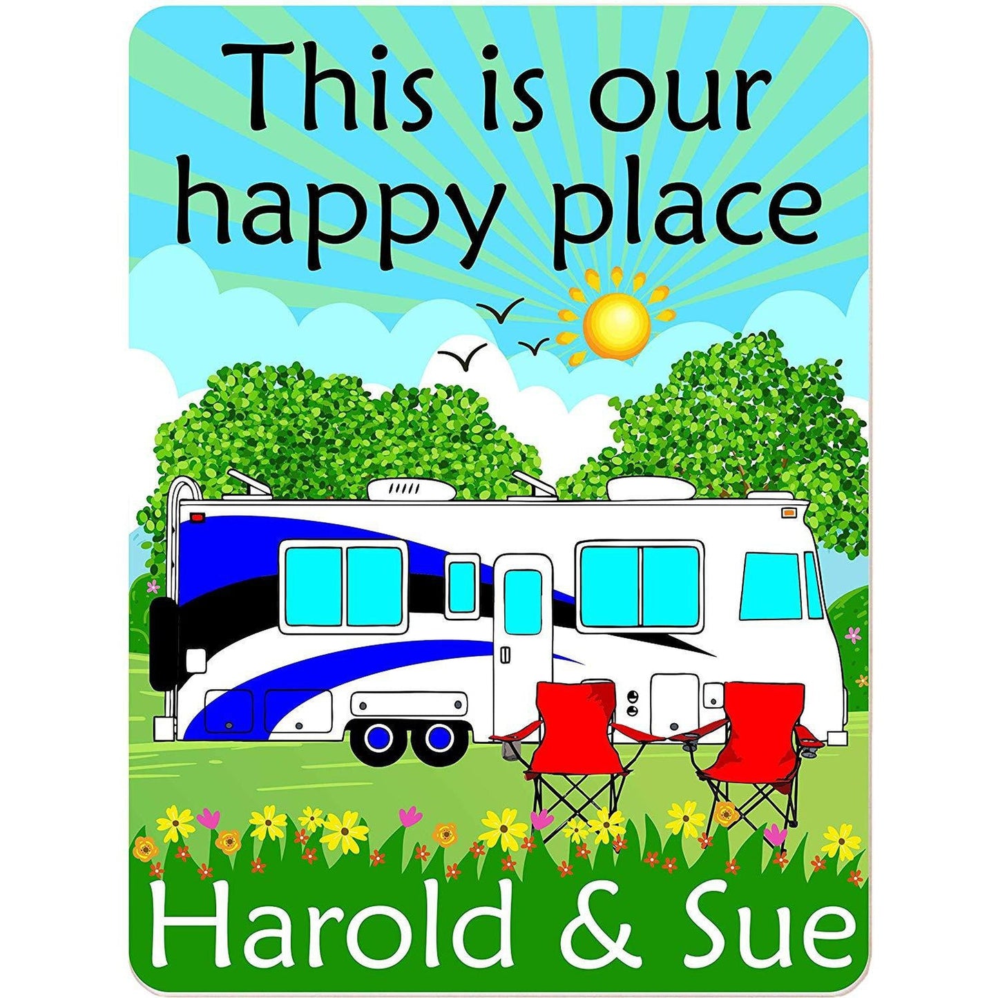 This is Our Happy Place Personalized Aluminum Camping Sign With Class A Motor Home