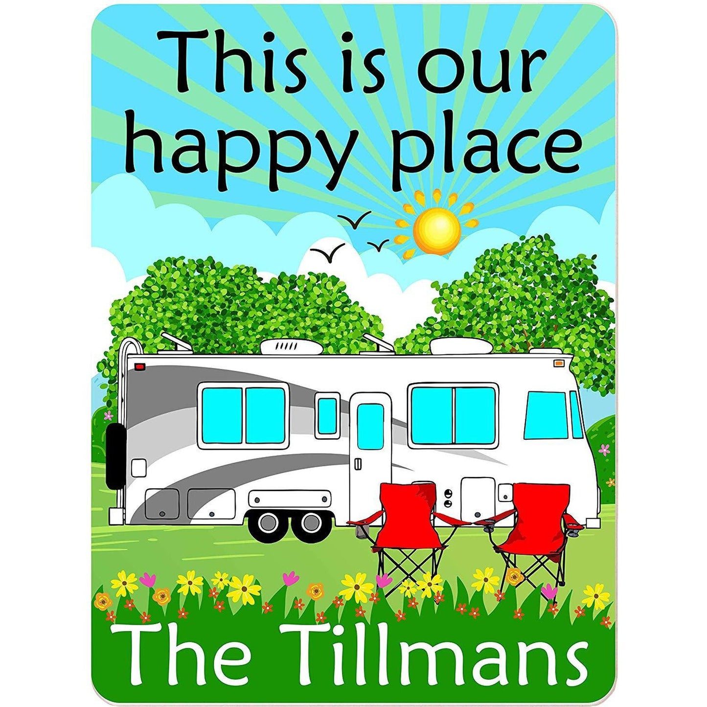 This is Our Happy Place Personalized Aluminum Camping Sign With Class A Motor Home