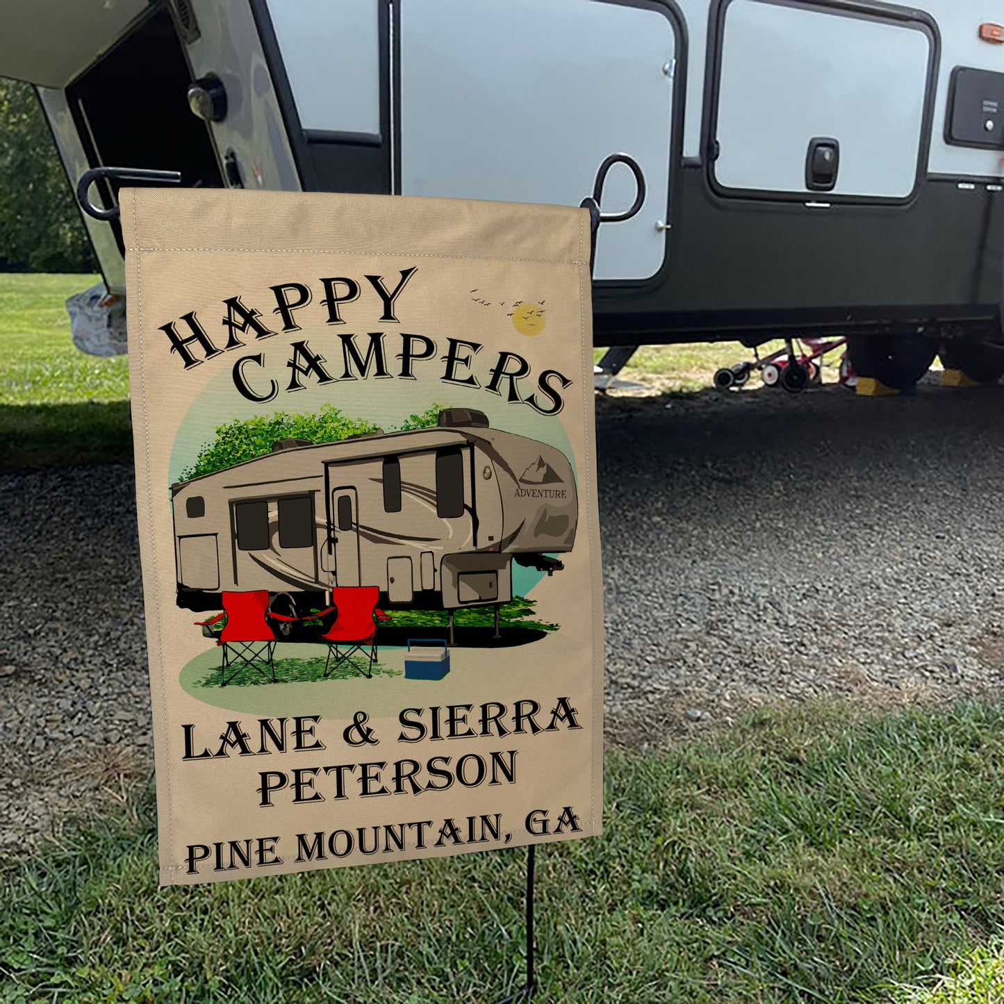 "Happy Campers" Personalized Camping Flag with 5th Wheel Trailer on Tan Fabric