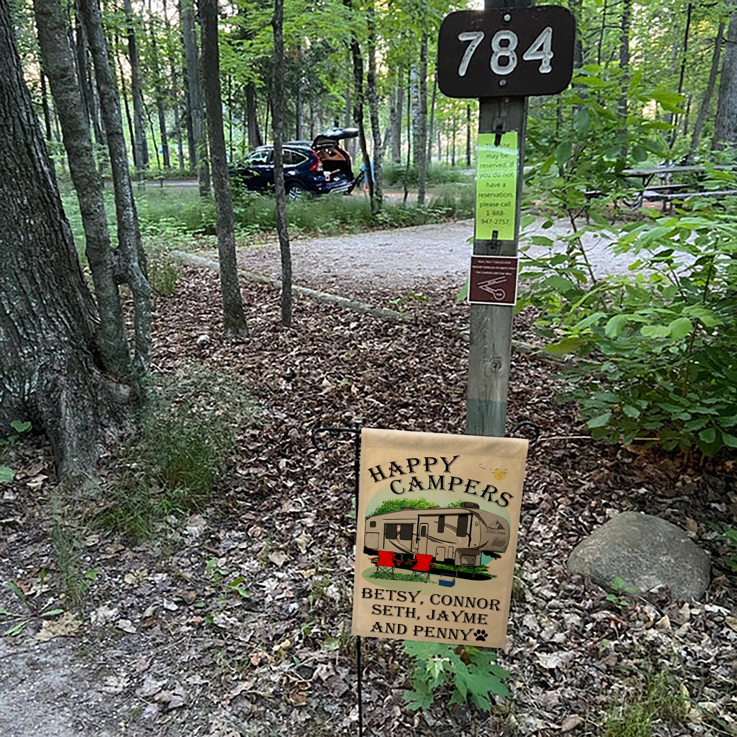 "Happy Campers" Personalized Camping Flag with 5th Wheel Trailer on Tan Fabric