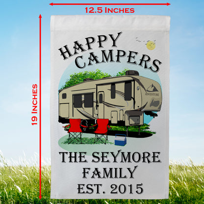 "Happy Campers" Personalized Camping Flag with 5th Wheel Trailer on White Fabric