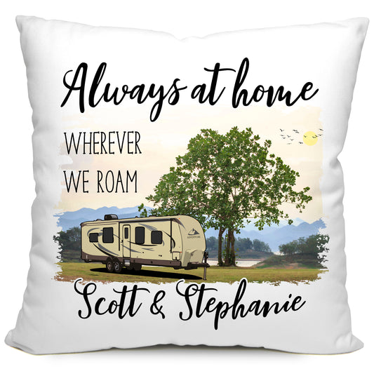 Always at Home Wherever We Roam Personalized Camping Pillow with Travel Trailer