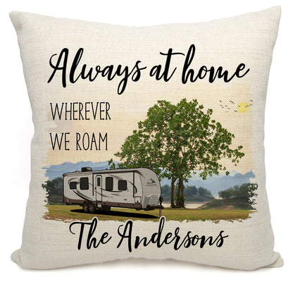 Always at Home Wherever We Roam Personalized Camping Pillow with Travel Trailer