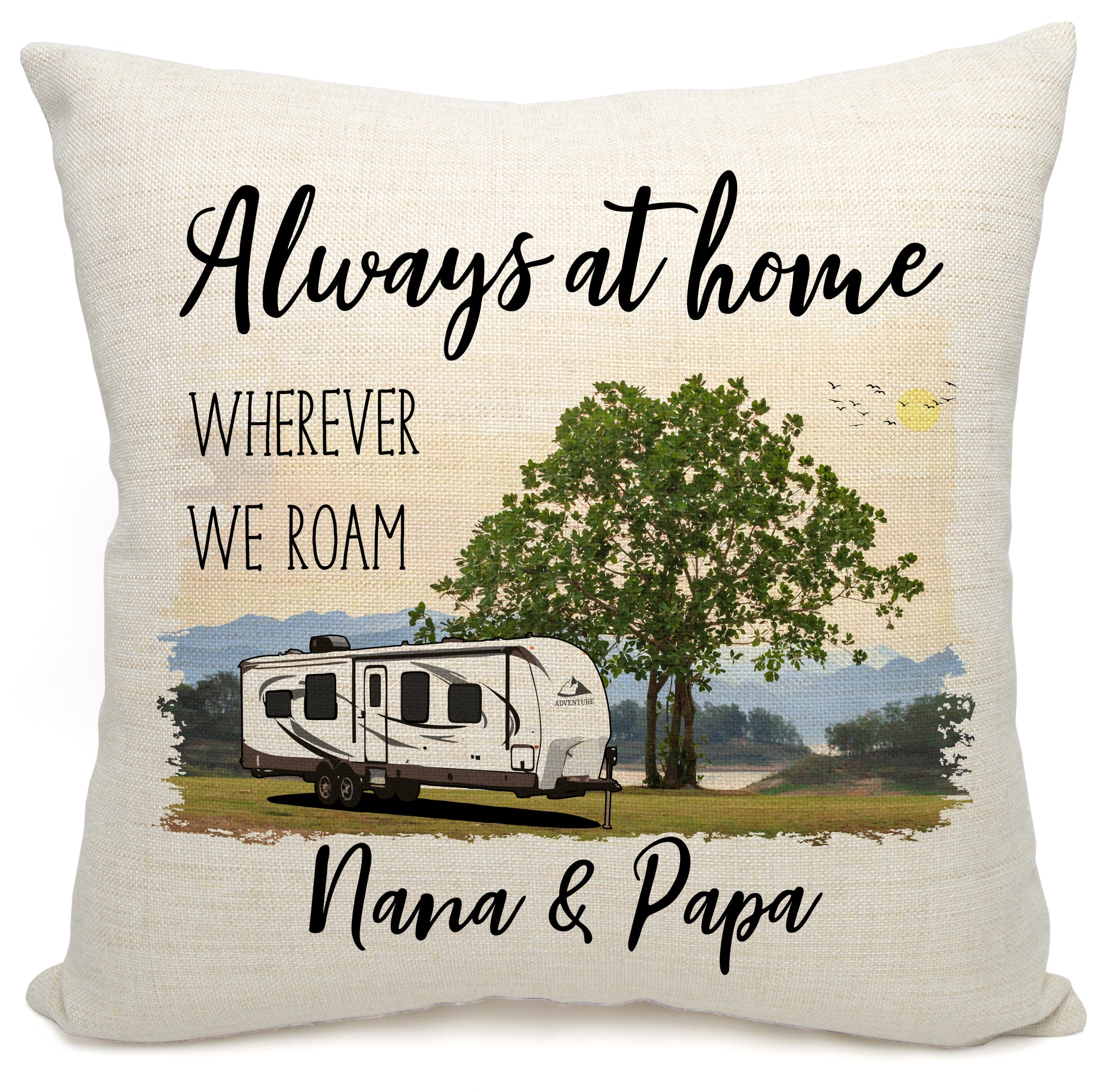 Always at Home Wherever We Roam Personalized Camping Pillow with Travel Trailer
