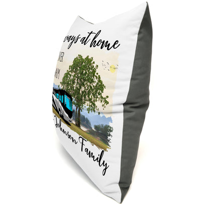 Always at Home Wherever We Roam Personalized Camping Pillow with Class A Motorhome