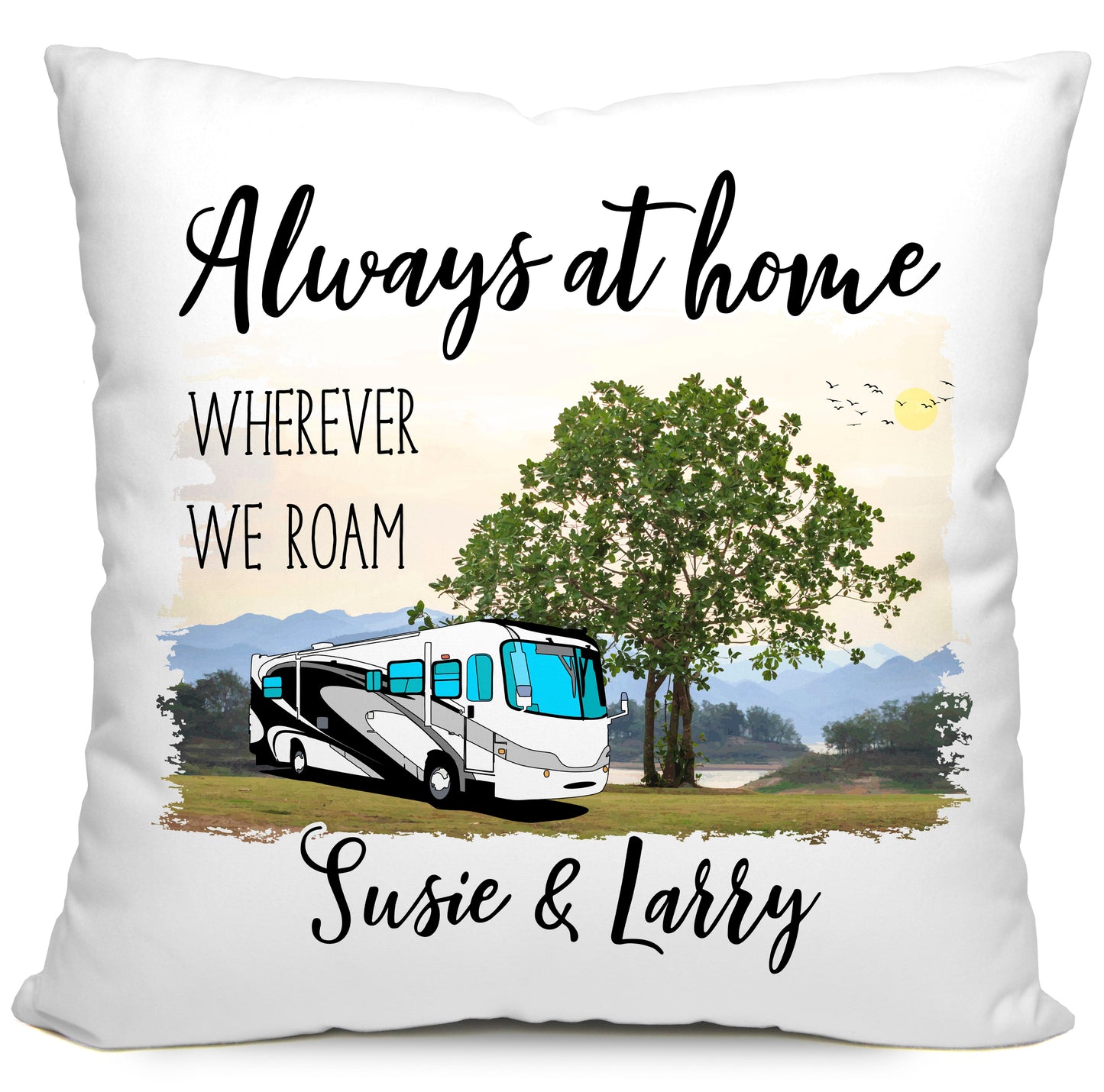 Always at Home Wherever We Roam Personalized Camping Pillow with Class A Motorhome