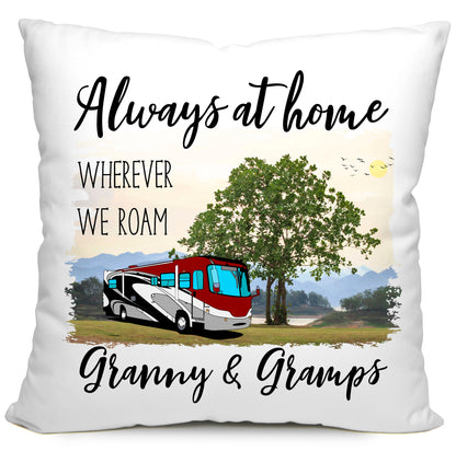 Always at Home Wherever We Roam Personalized Camping Pillow with Class A Motorhome