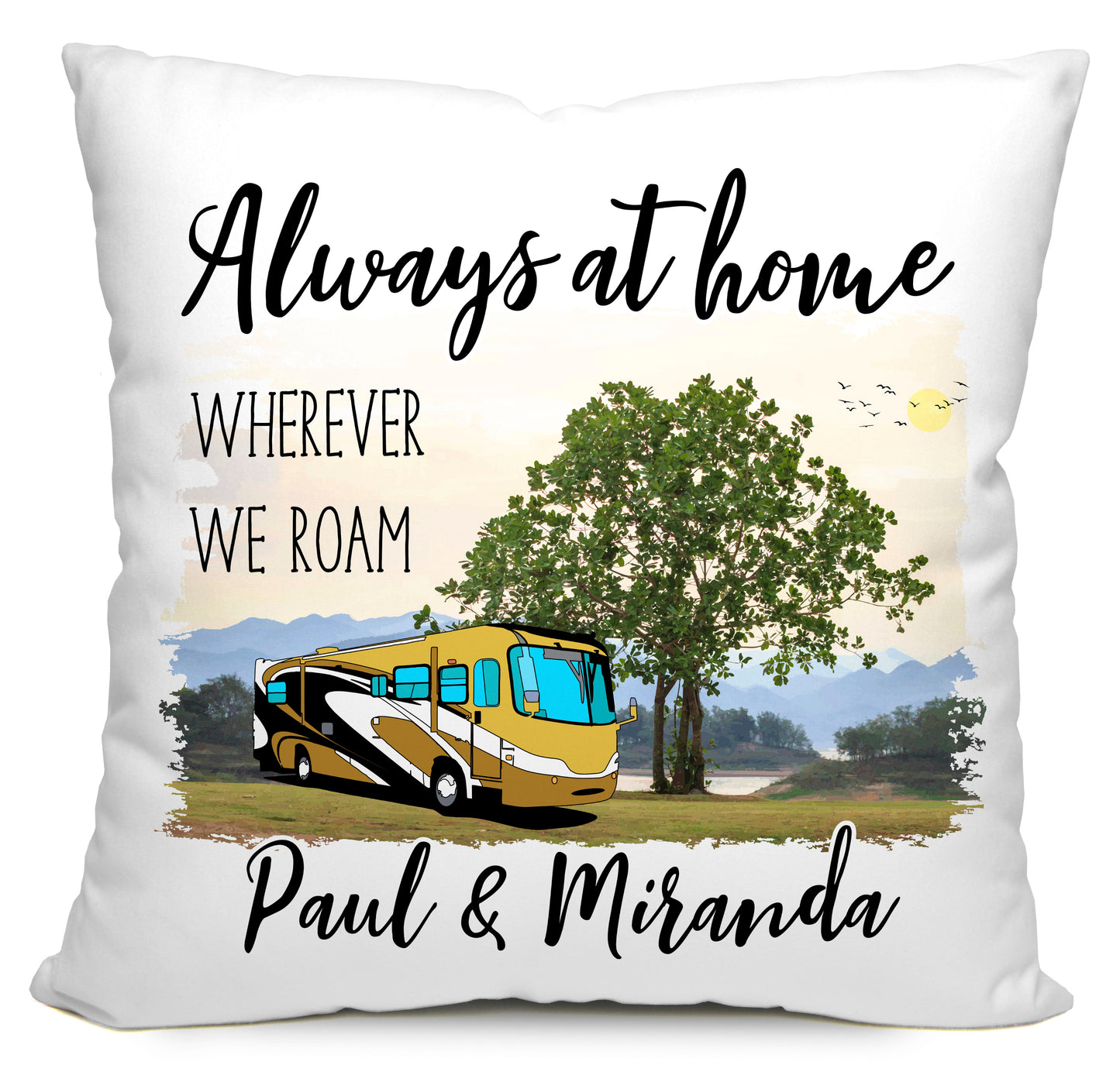 Always at Home Wherever We Roam Personalized Camping Pillow with Class A Motorhome