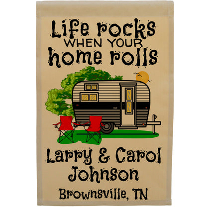 Life Rocks When Your Home Rolls Personalized Camping Flag with Travel Trailer on Tan