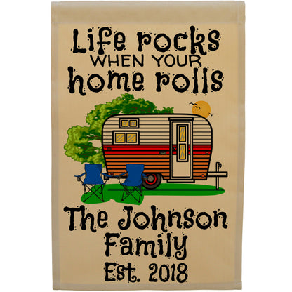 Life Rocks When Your Home Rolls Personalized Camping Flag with Travel Trailer on Tan