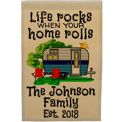 Life Rocks When Your Home Rolls Personalized Camping Flag with Travel Trailer on Tan